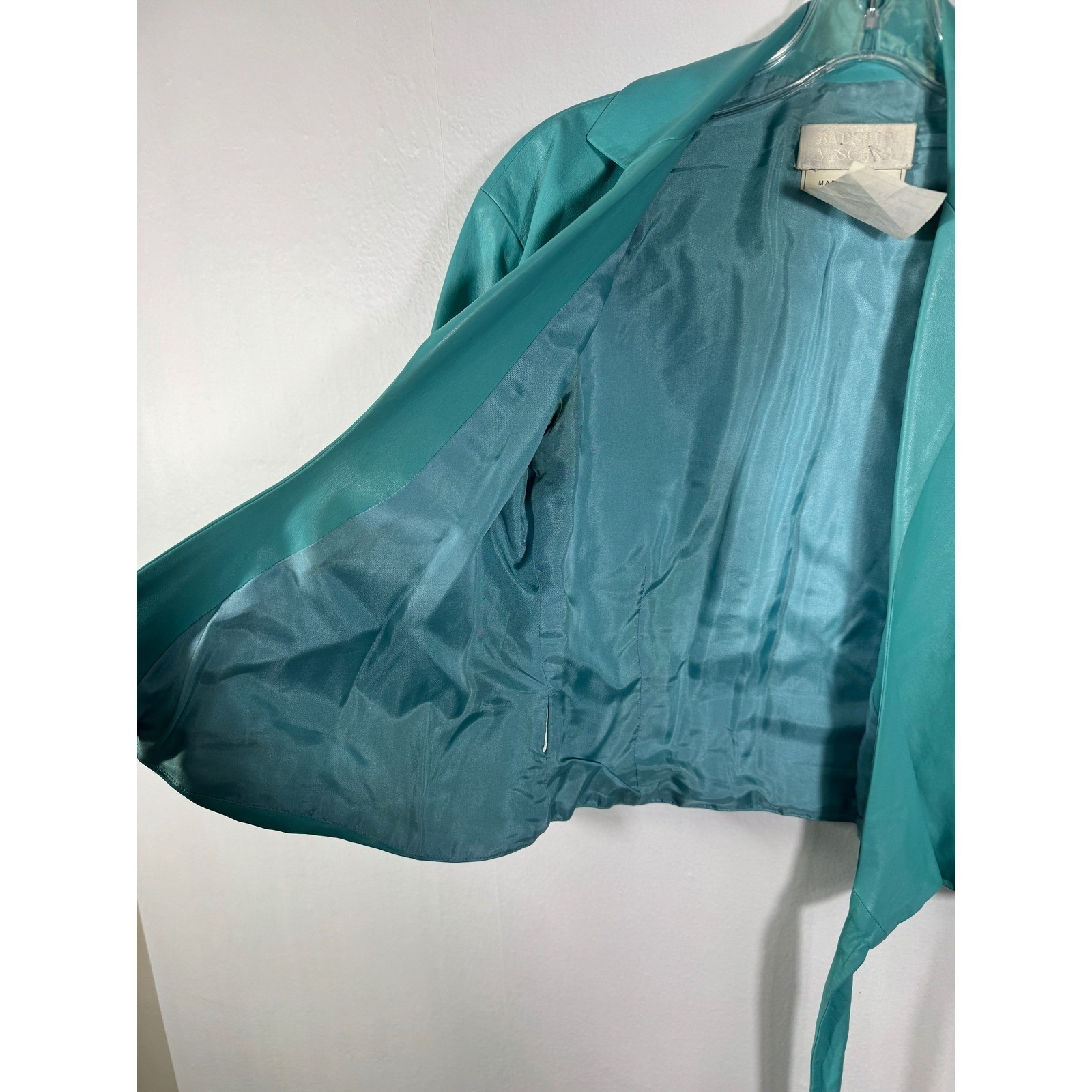 Badgley Mischka Vintage Teal Leather Jacket Silk Lined Cropped Tie Waist Sz M/8