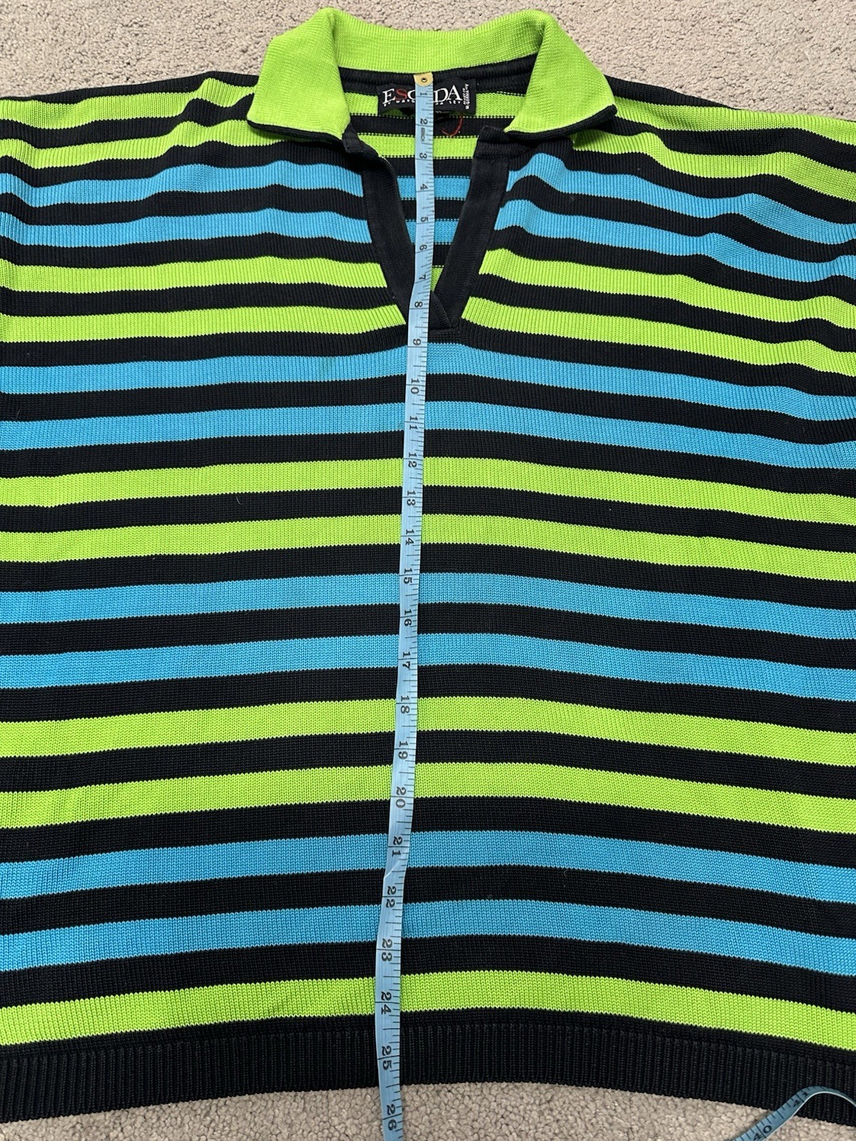 Escala Sweater Vintage Size 40 Line Green Teal Black Striped Collar Pullover