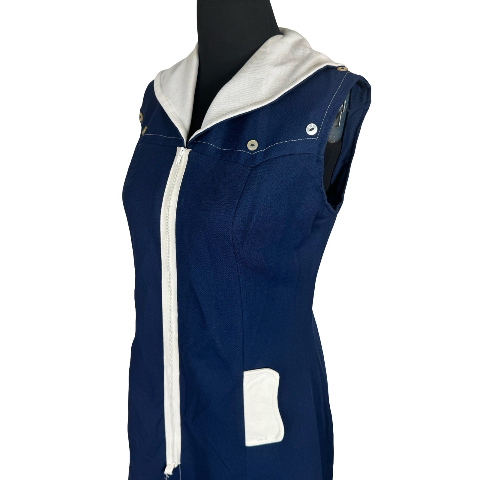 Vintage 60s 70s Mod Nautical Sailor Dress Blue Crimplene Upcycle Sewing Project