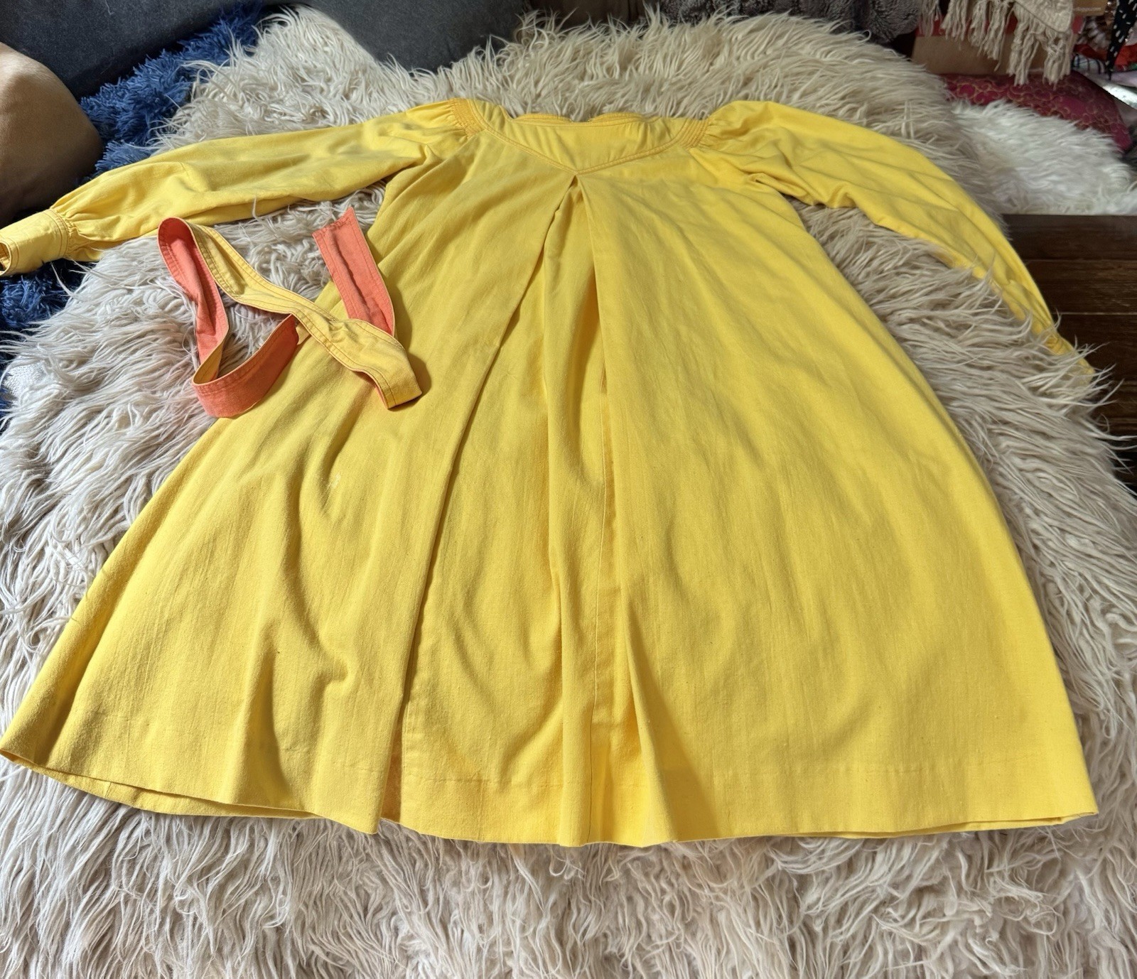 Vtg Dalani II Yellow Yoked Puff Sleeve Tent Trapeze Dress Orange Detail Belt 70s