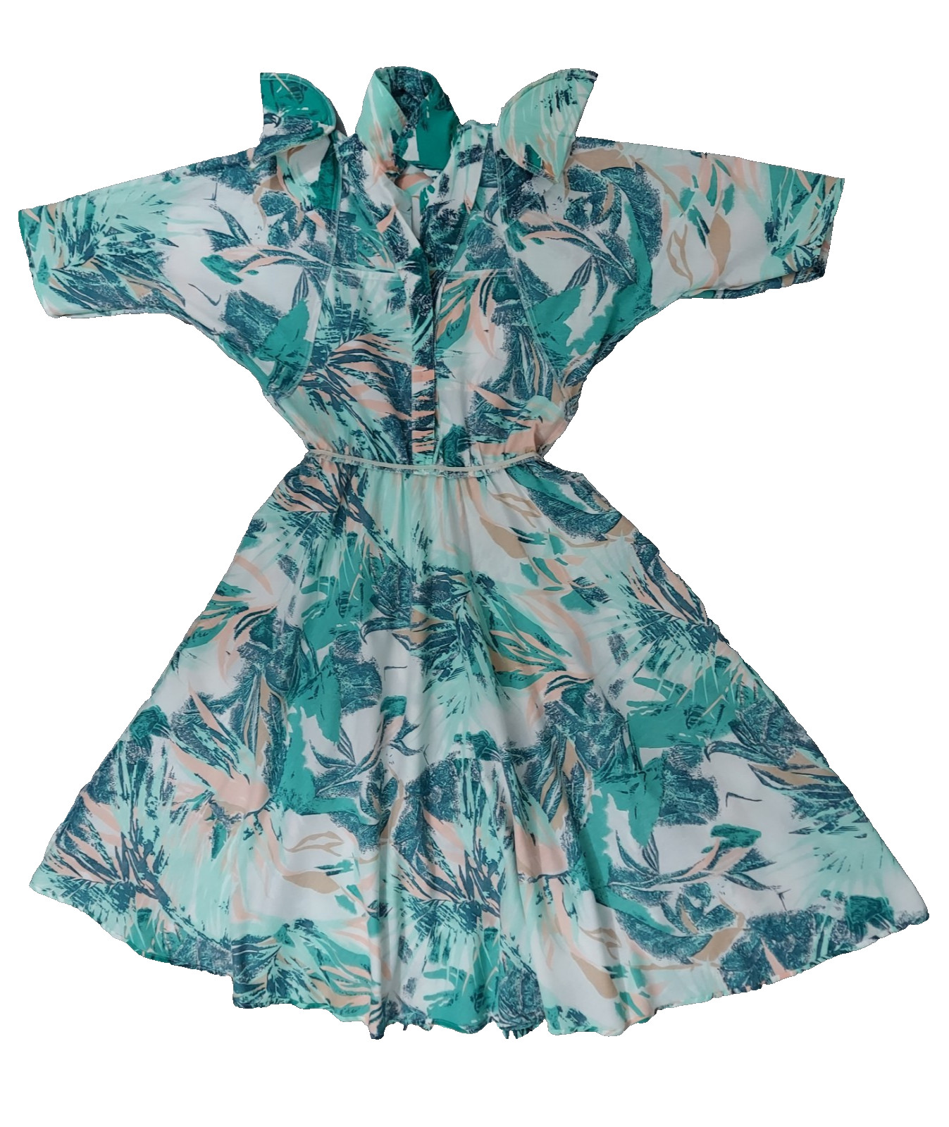 Vintage 80s Caliche Abstract Shirt Dress Belted Teal Button Front Midi Sz 8