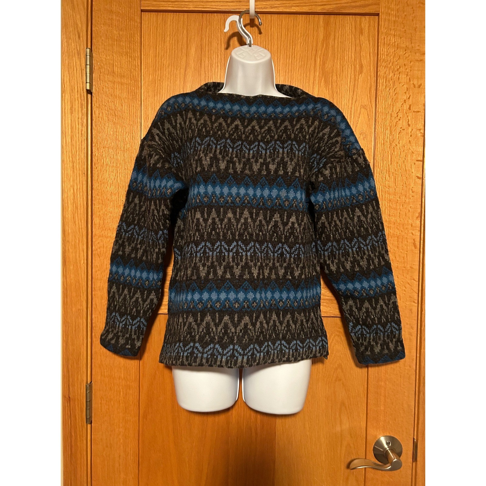 Vintage 60s Iceland 100% Wool Blue Sweater Sweden Fair Isle Unisex Size 42 L