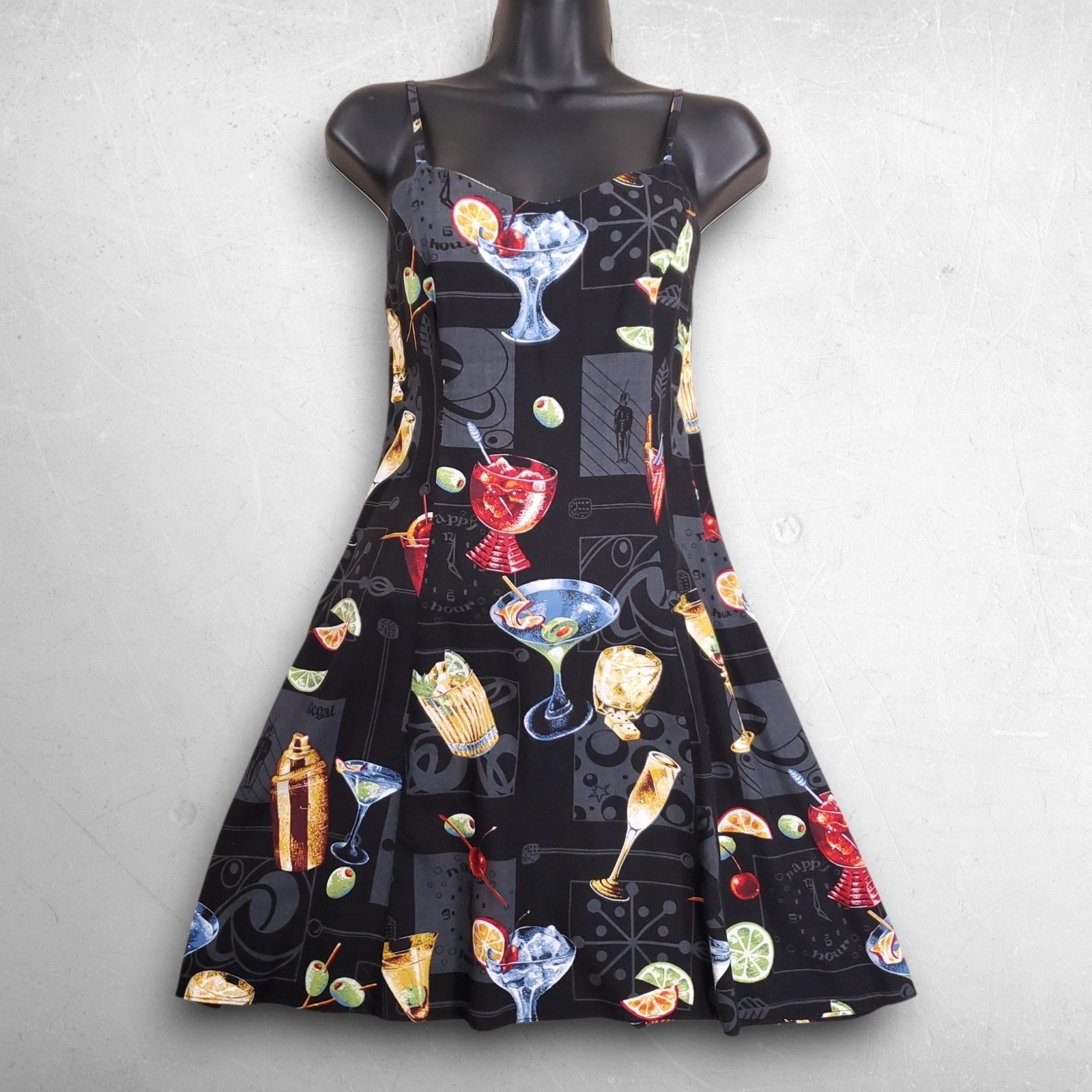 VTG Paradise Found Cocktails AOP Sundress Women S Black Rockabilly Spaghetti
