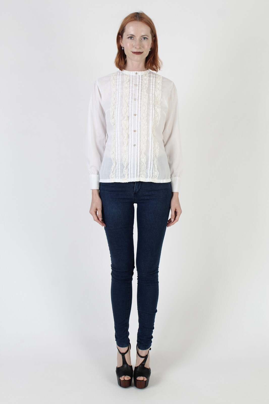 Vtg Off Wht Vertical Pleated Sheer Lace Blouse Victorian Button Up Tunic Shirt