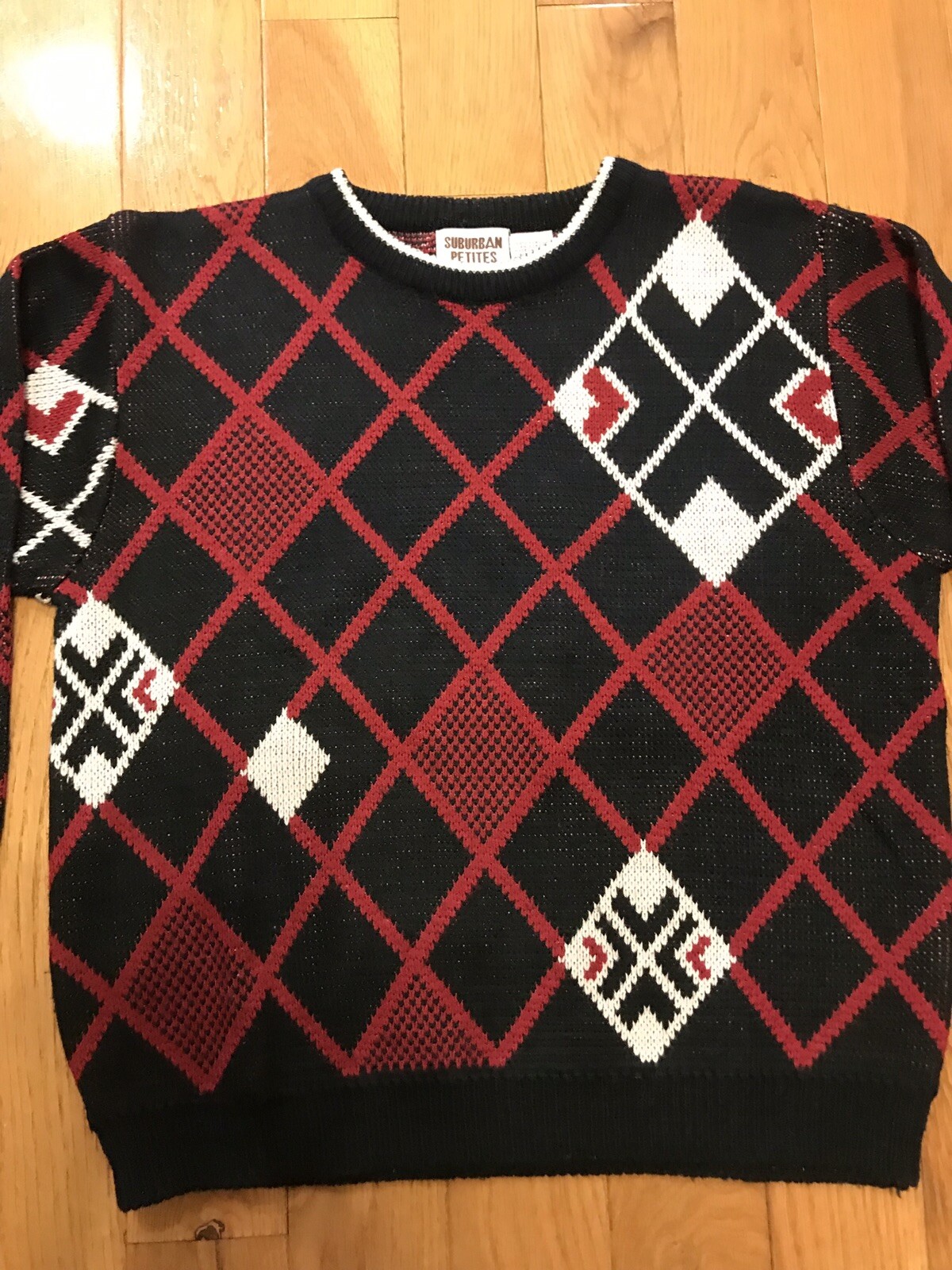 Vintage Suburban Petites Crewneck Sweater Red Black Geometric Pattern Large