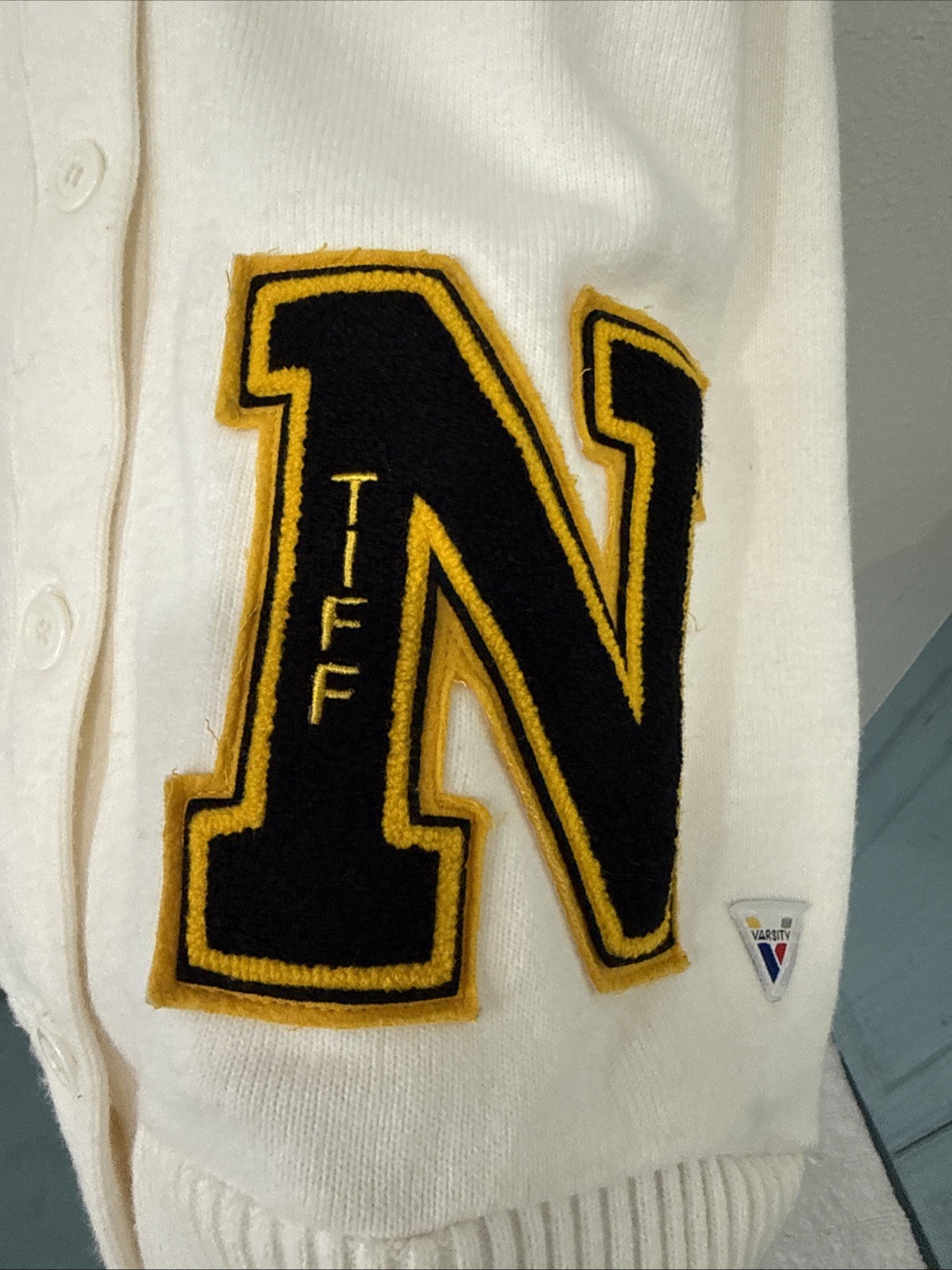Vintage Varsity Letterman Sweater Black Yellow White Off Stripes Sleeve Large US
