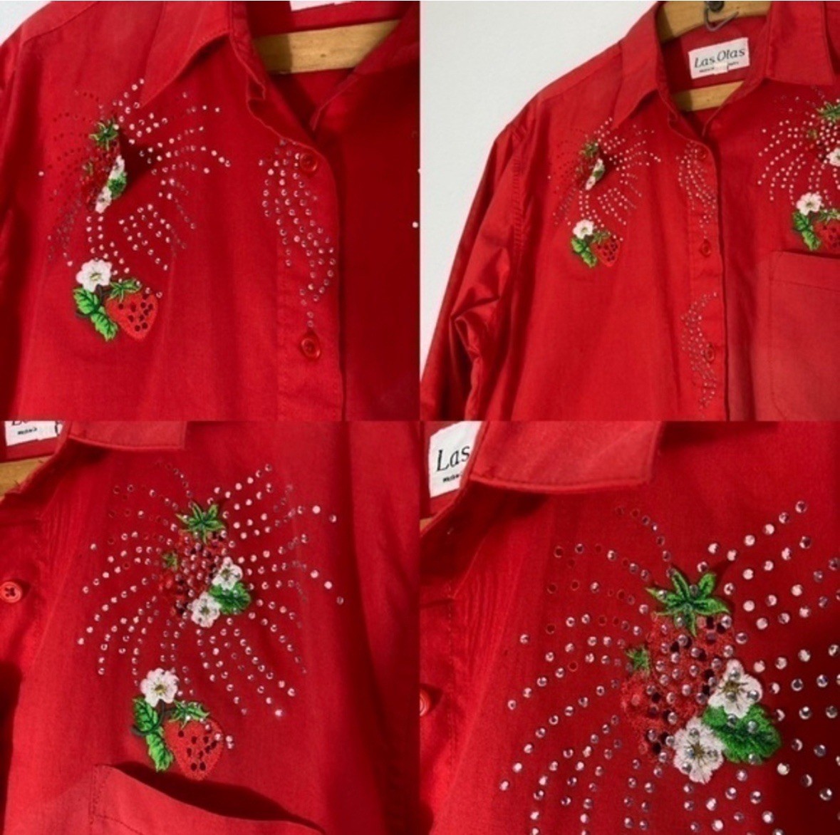 Vintage Las Olas red strawberry rhinestone appliqué button up shirt size Medium