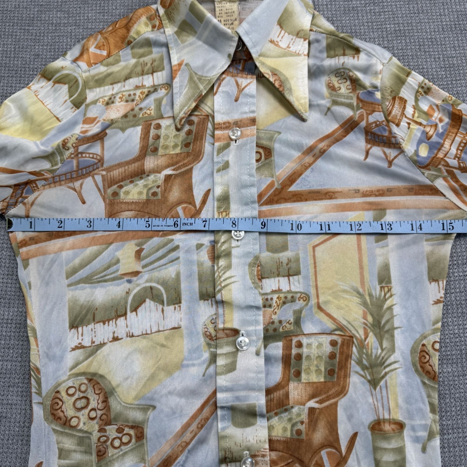 Vintage 70s Long Sleeve Collared Shirt With Retro Interior Design Print Size 7/8