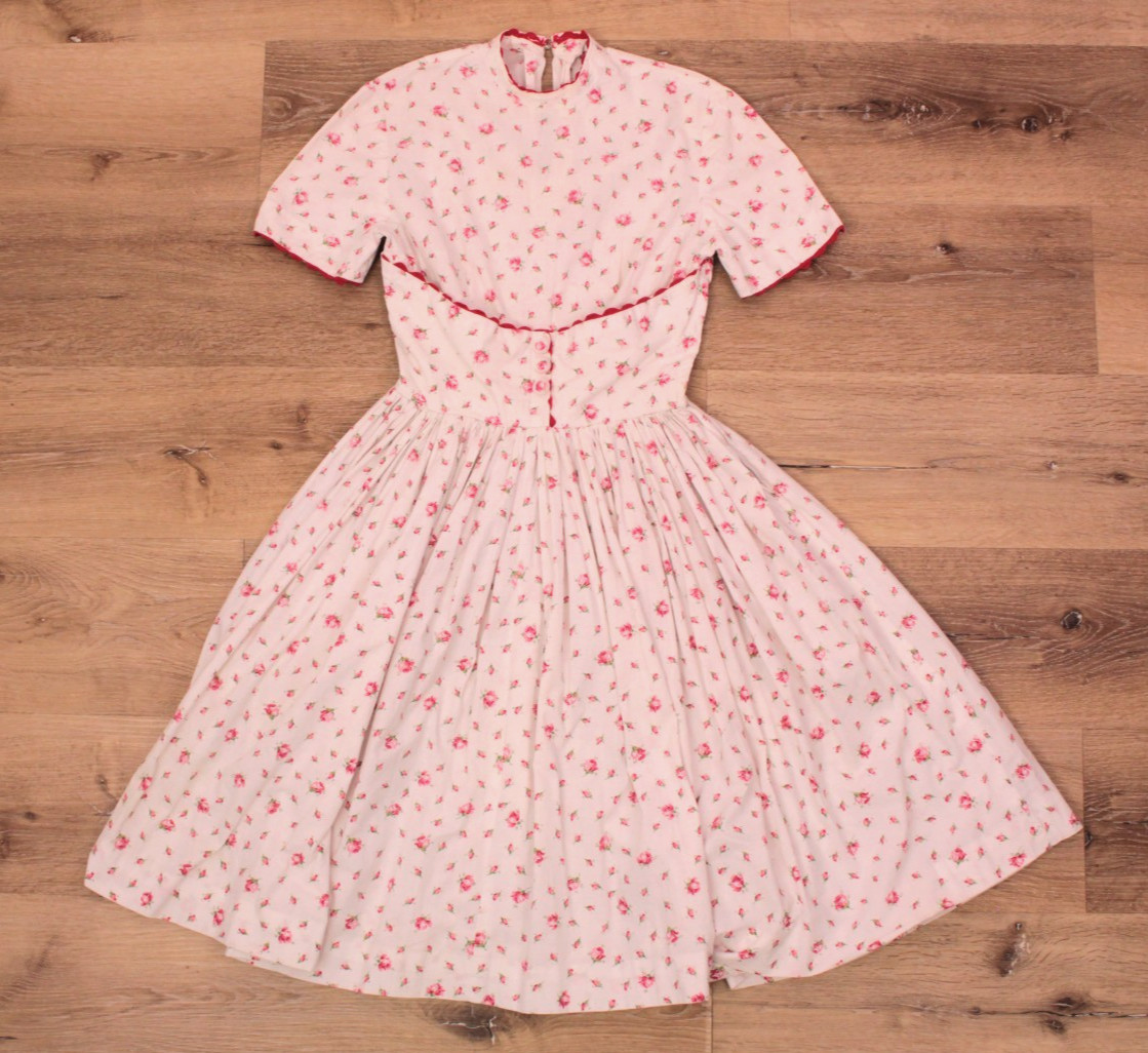 Vtg Women’s 50s White & Red Rose Print Cotton Tea Dress Sz XXS/XS 1950s