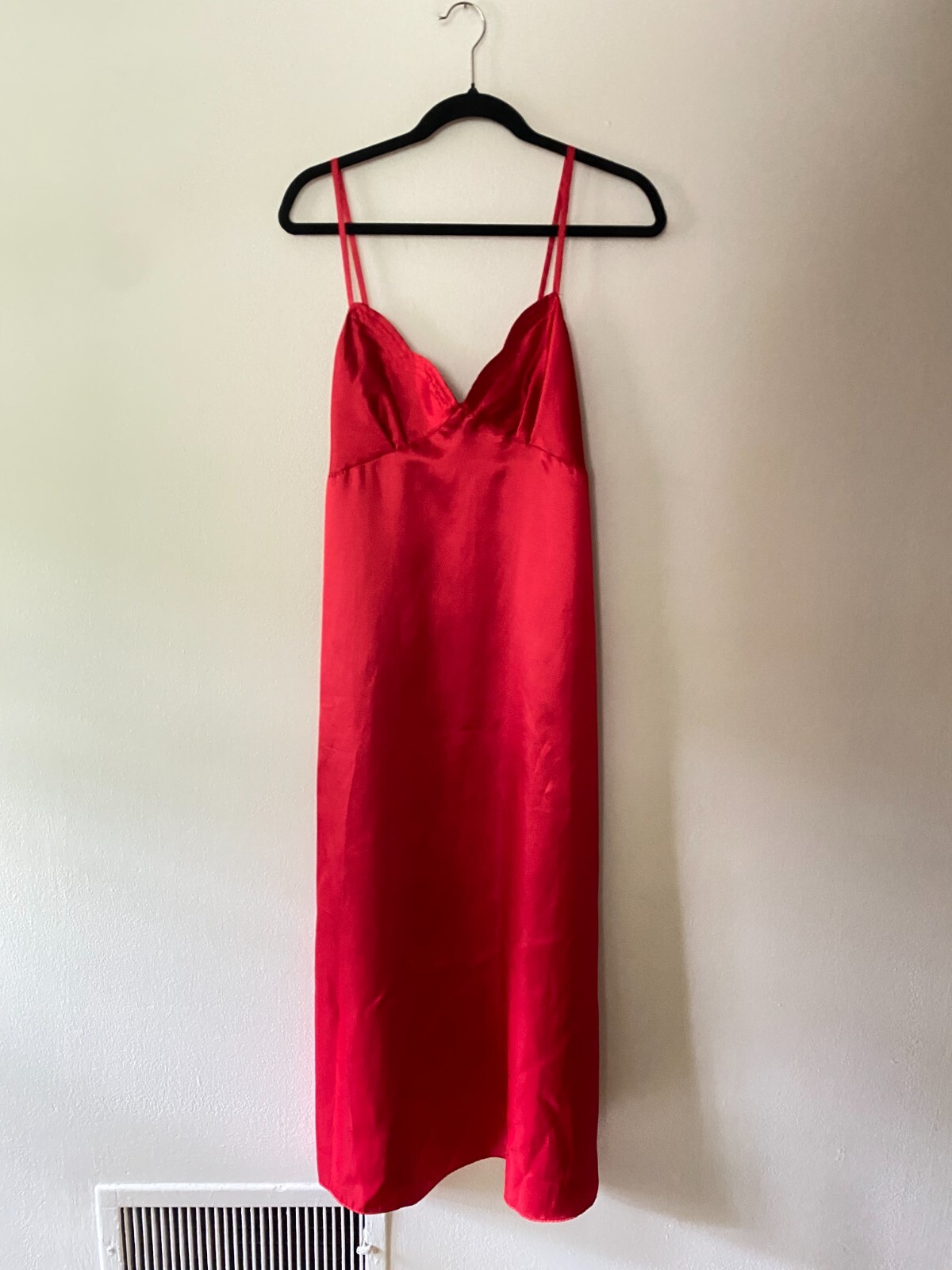 VTG 1990s Poppy Tomato Red Scalloped Bust Maxi Silky Slip Medium