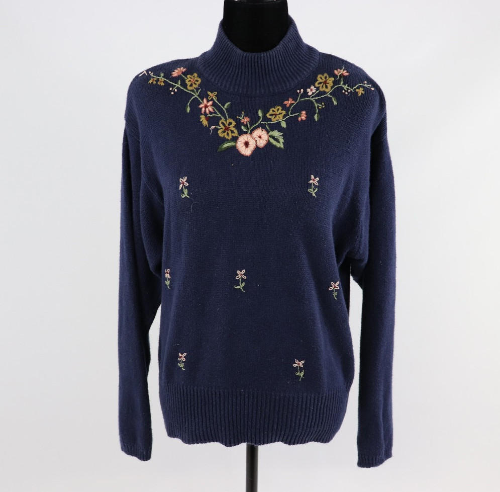 Vintage 1990s Blue Turtleneck Sweater with Hand Embroidered Flowers by Herman