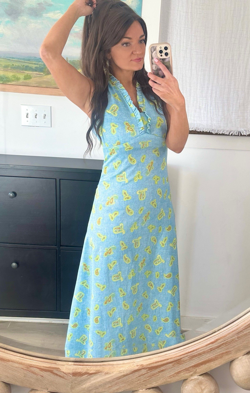 60’s 70’s D Lang Fashions ILGWU Blue Paisley Ruffle Neck Maxi Dress