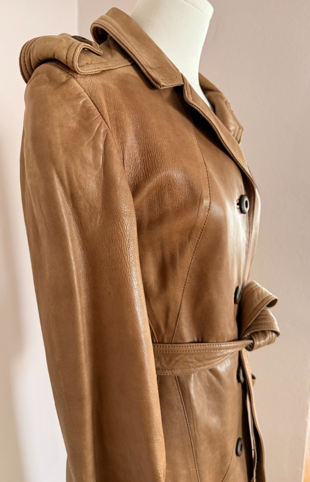 Vintage 100% Leather Trench Coat XS XXS Tan Belted Jacket Handmade in Mexico