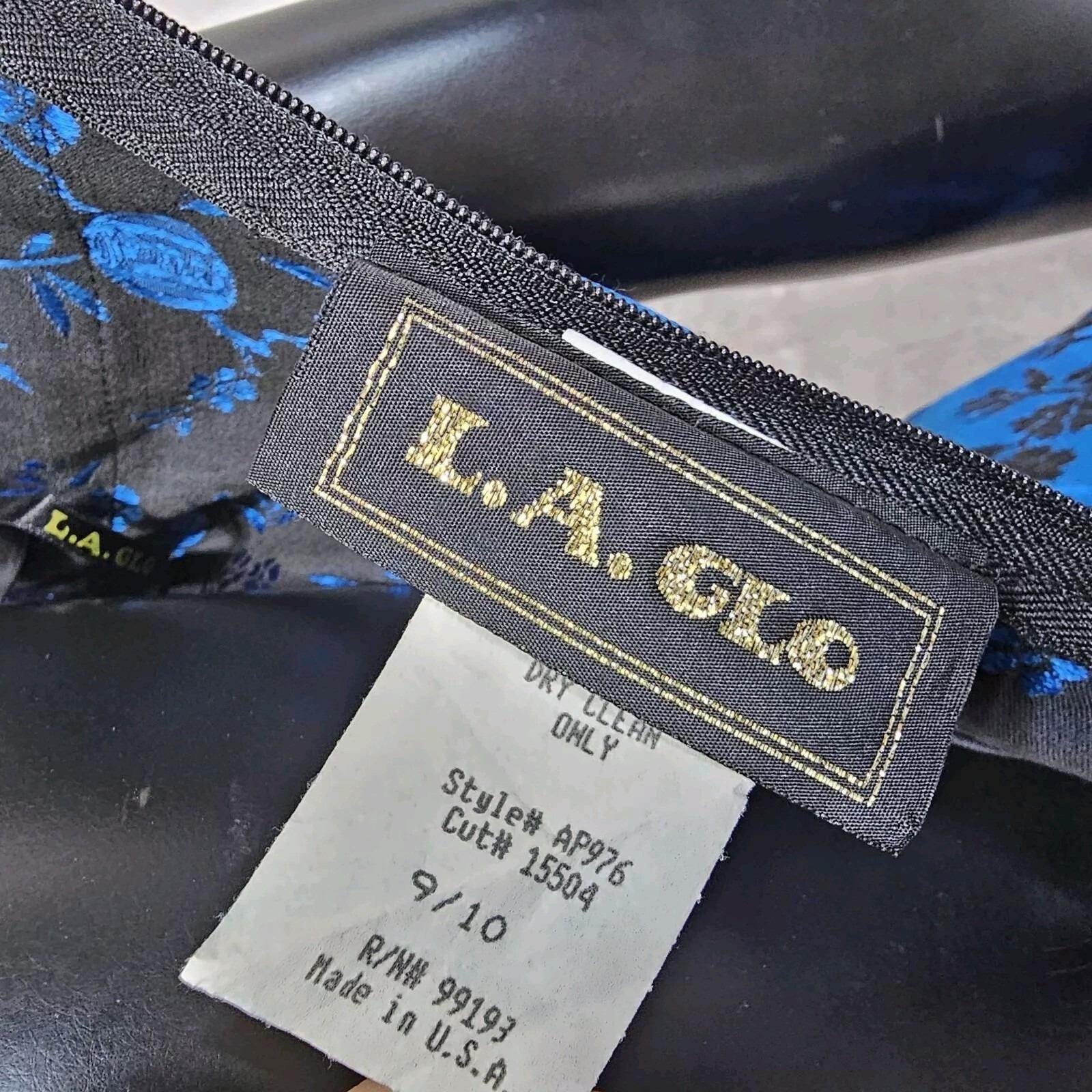 Vintage 90s L.A. Glo S Blue Black Floral Brocade Strapless Maxi Dress USA