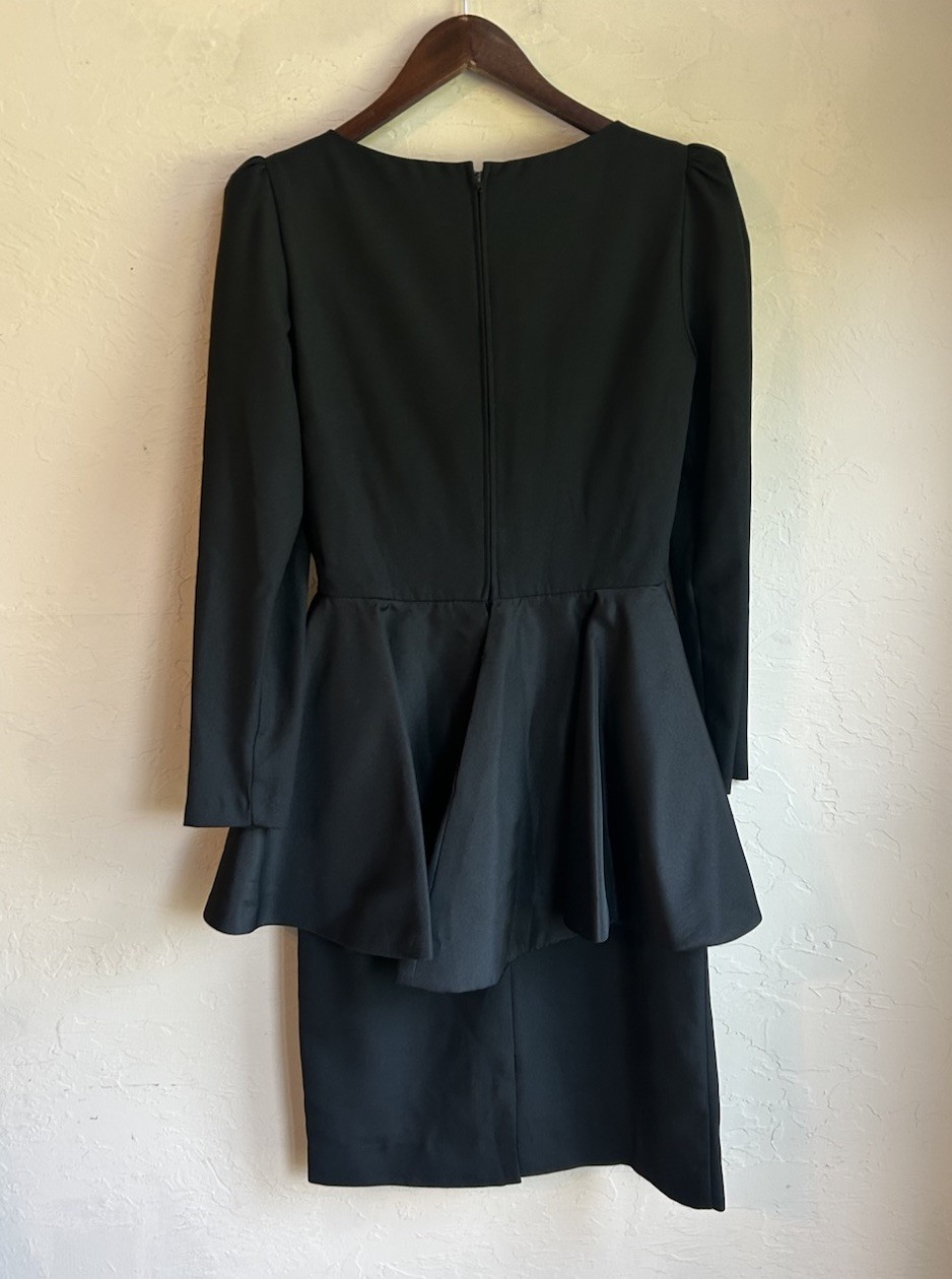 Vintage 80s Huey Waltzer For Darcy Black Peplum Bow Midi Dress 6 Party Glam