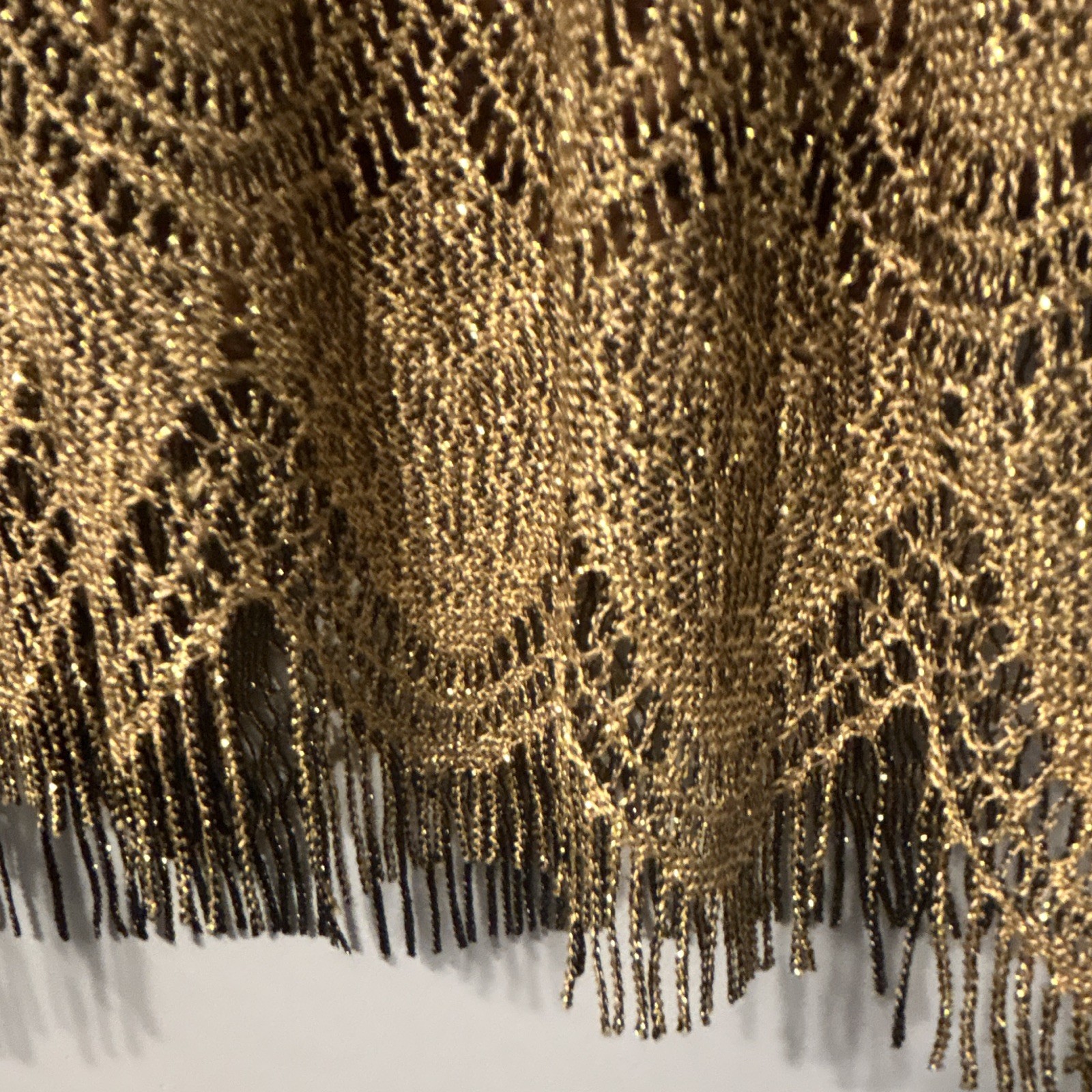 Vintage S. L. Fashions Gold Metallic Lace Shift Fringe Hem Knee Dress Size 6