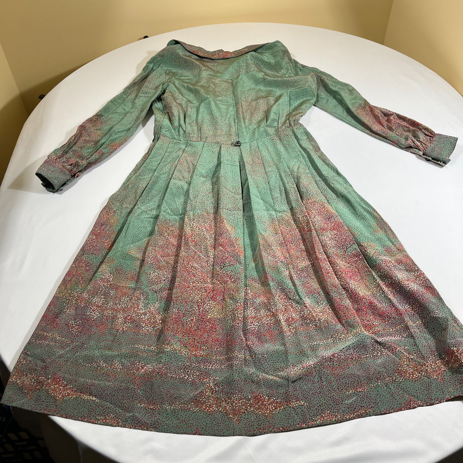 Vintage 70s Italian Como Silk Midi Dress Teal Whimsygoth Abstract Print Size L