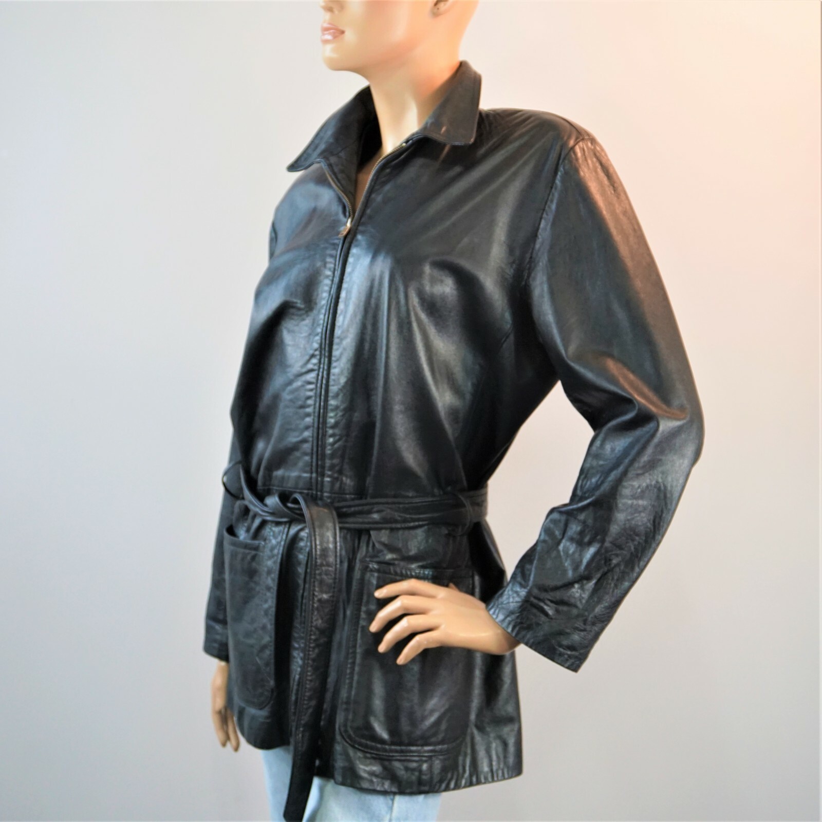 Leather Jacket Vintage Red Kid USA Full Zip Black High Quality Belted Women Sz L