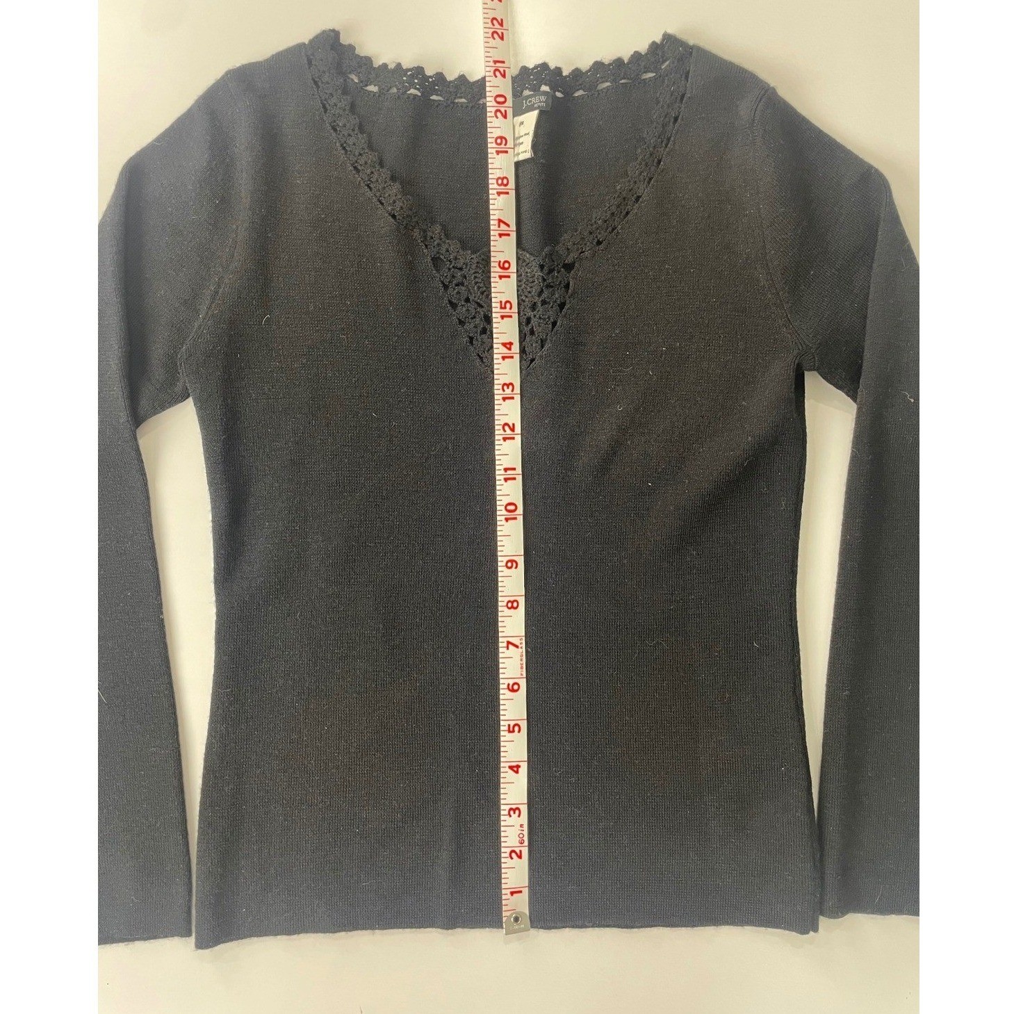 Vintage J.Crew Merino Wool Knit Top Black Crochet Lace V-Neck Long Sleeve Med P