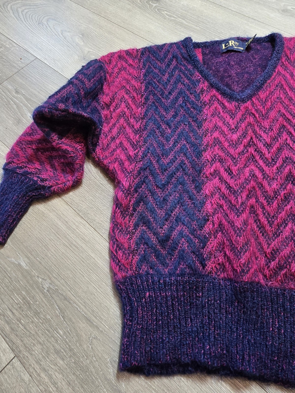 Vintage LeRoy Knitwear Wool Lurex Metallic Pink & Blue MCM Sweater Small Chevron