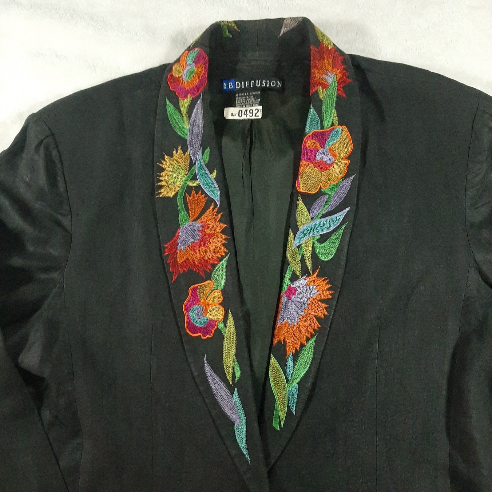 I.B. Diffusion 1990s VTG Black Linen Floral Embroidered Blazer Jacket Size S