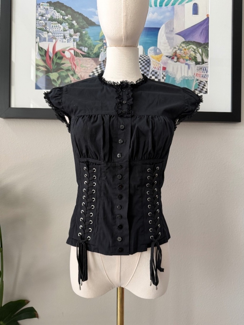 INCREDIBLE Moda International Vintage Black Corset Button Up Lace Top Sz Small