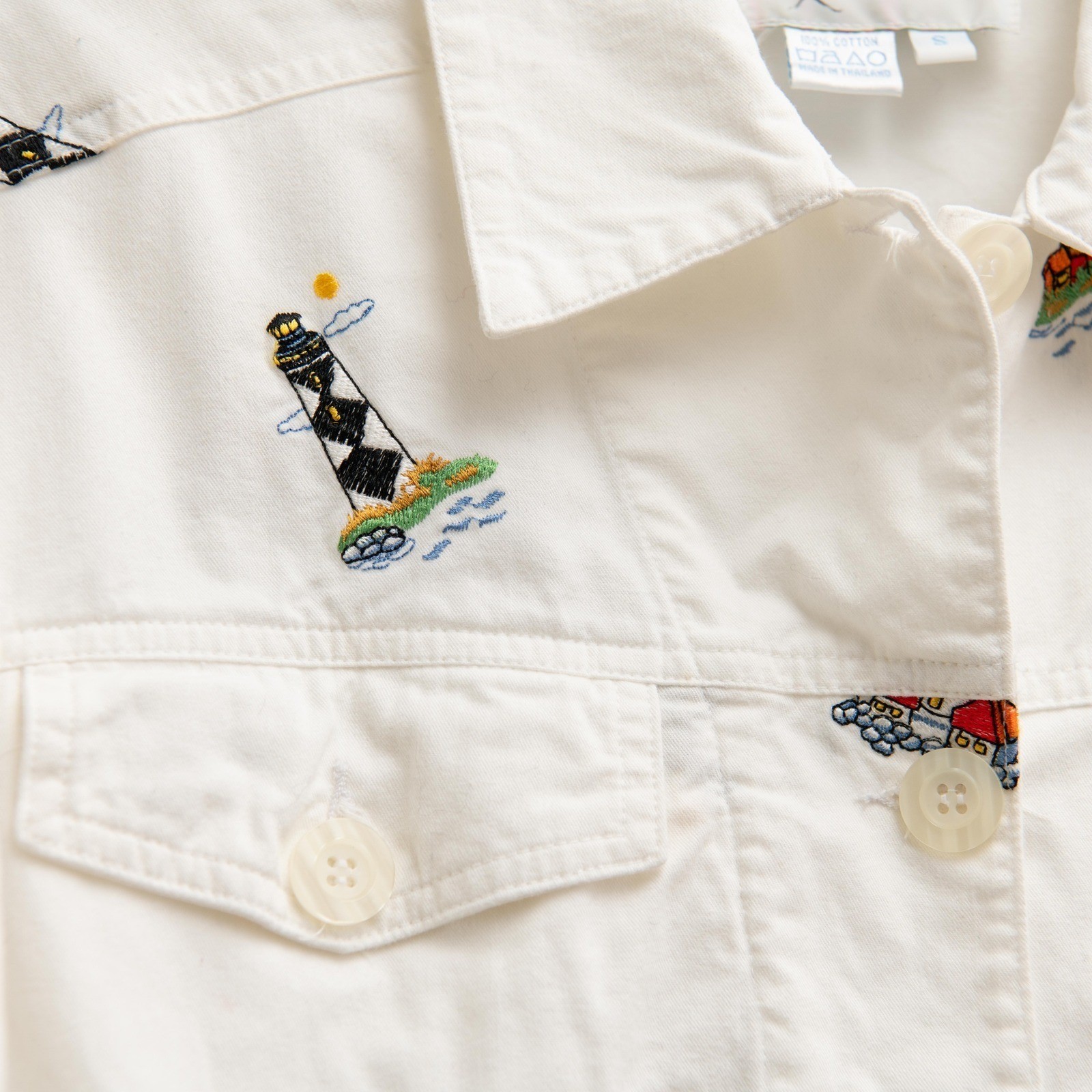 VTG 90s White Denim Embroidered Jacket Casey Coleman Sz S Lighthouse CottageCore
