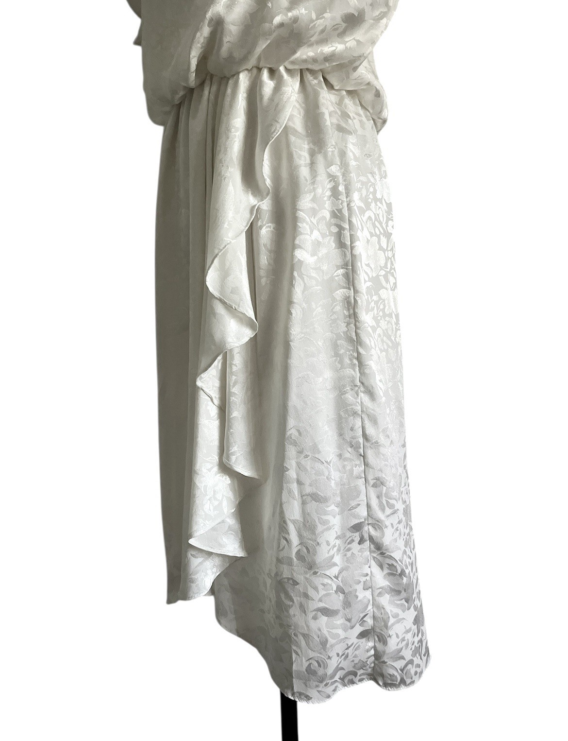 Vtg 80s Bruce Wayne USA Off White Print Ruched Dynasty Day Dress Party Wedding S