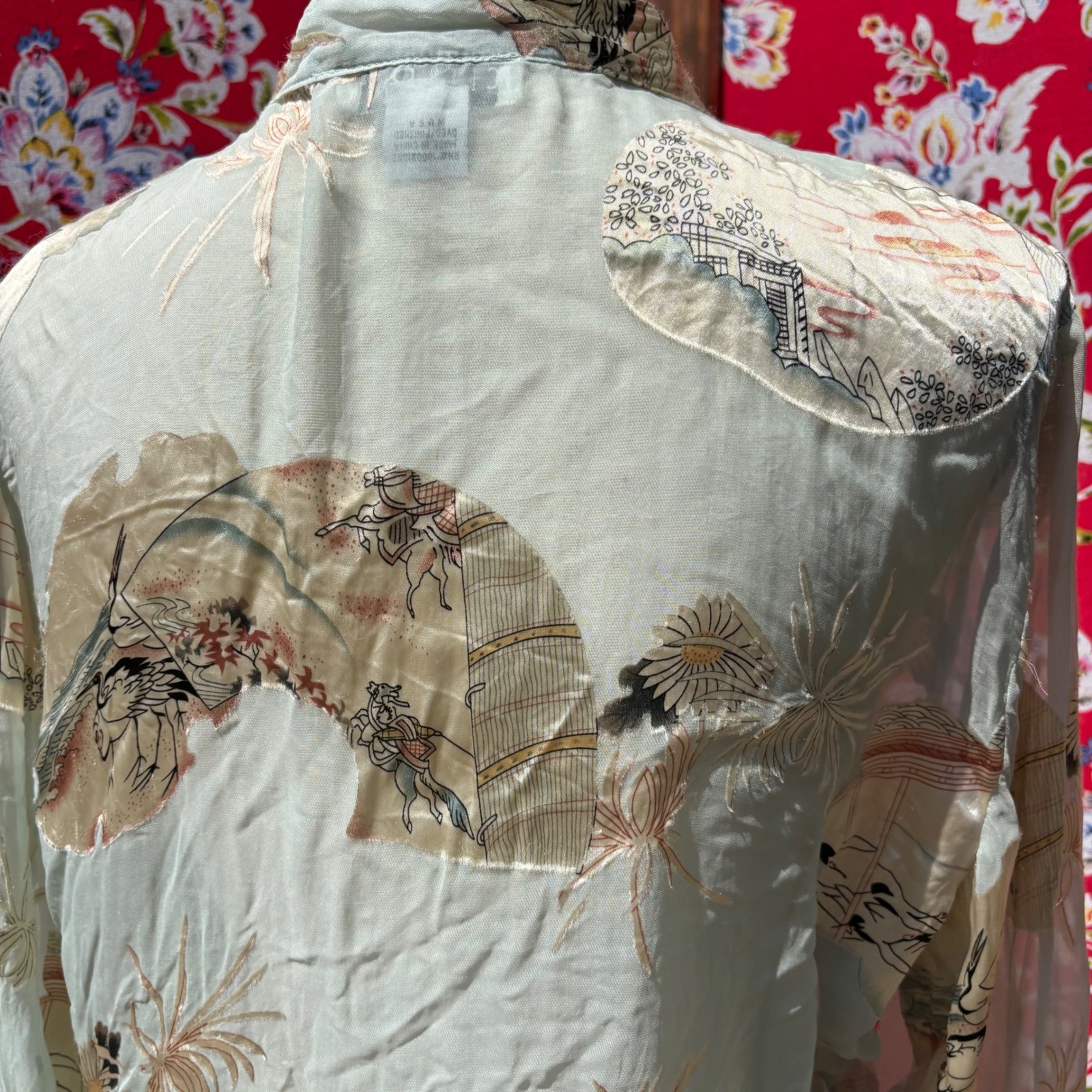 Vintage Semi Sheer Beachy Coastal Button Front Boho Blouse Size L