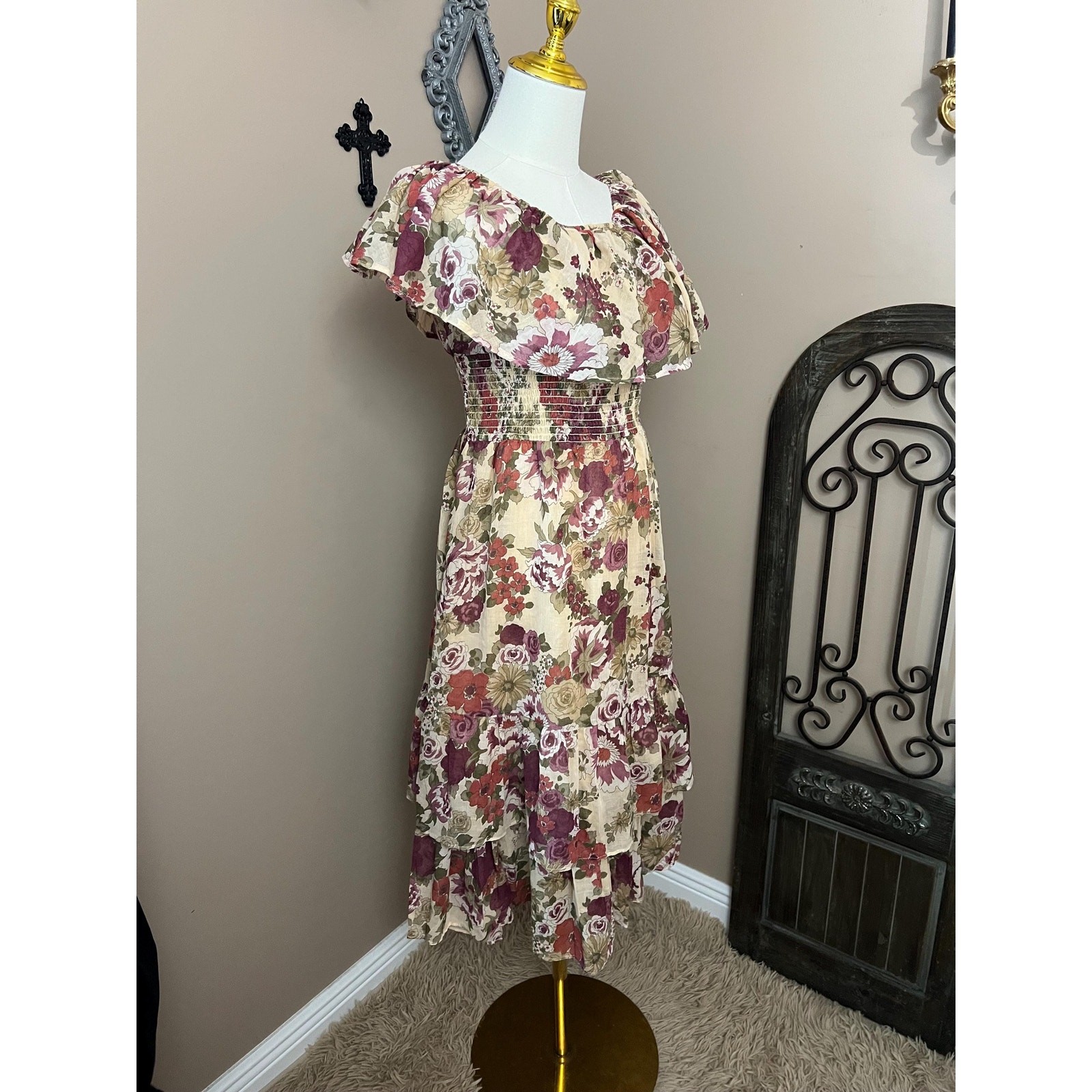 Vintage 70s Earthy Floral Off Shoulder Dress Retro Boho Cottagecore Size Medium