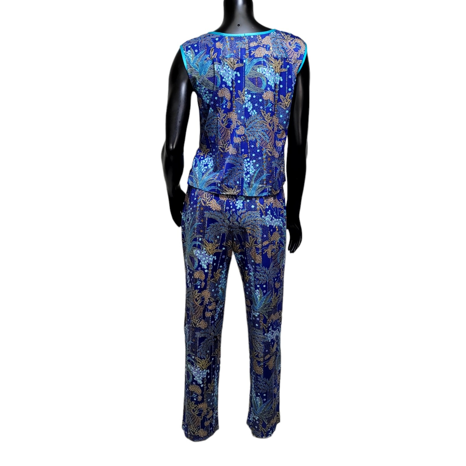 Vintage 70s Blue Tropical Print Pant Set Womens M Lounge Resort Mod 2 Piece USA