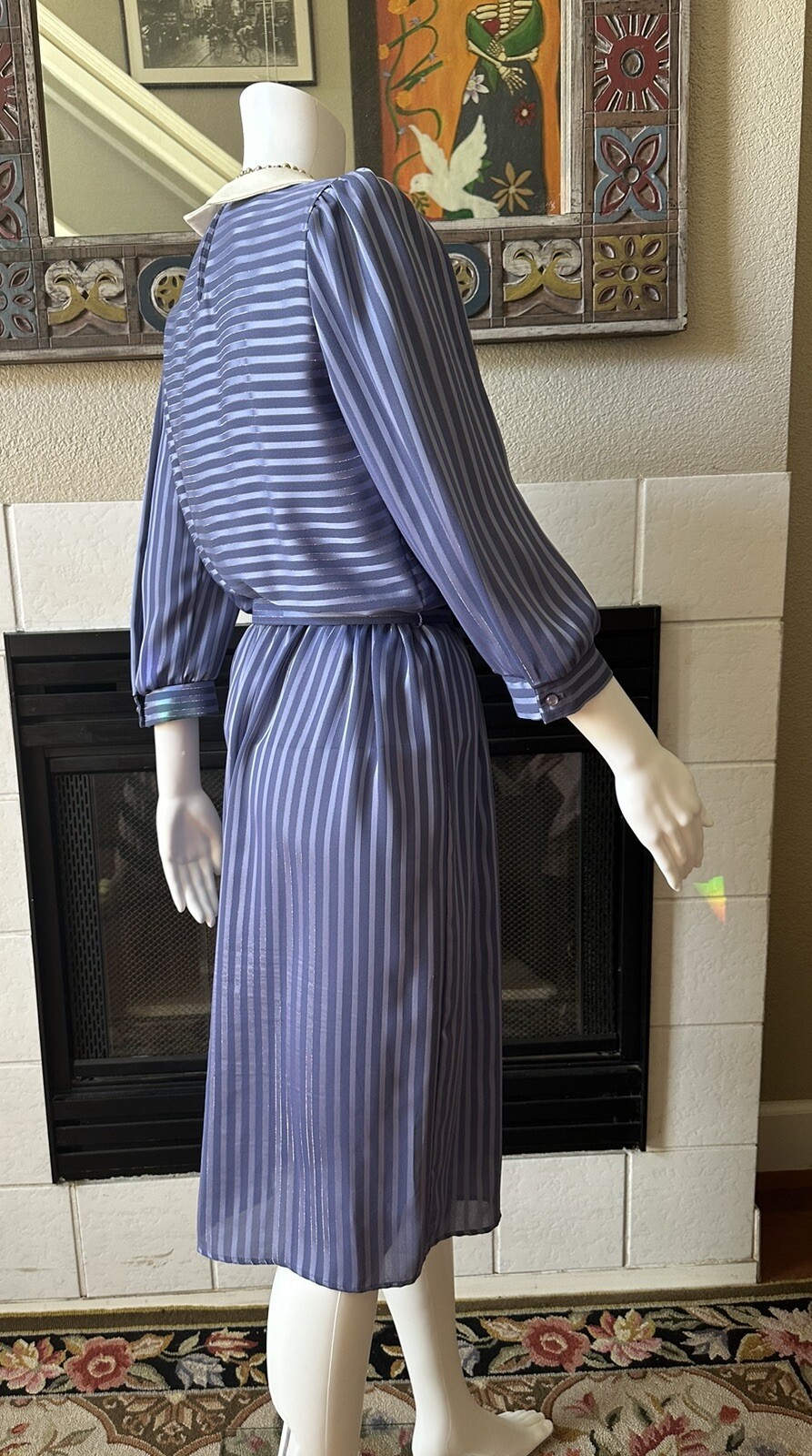 Vtg 80s JSJ Belted Dress Womens Polyester Blue Dynasty Style 34” Bust 28” Waist
