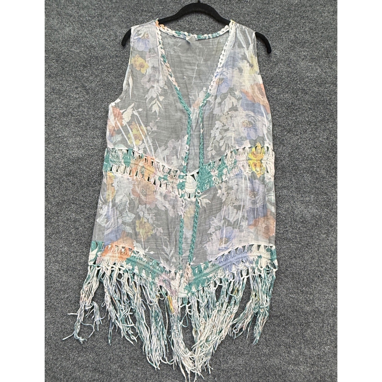 Lapis Floral Fringe Vest Womens Medium Blue Crochet Boho Festival Layering Swim