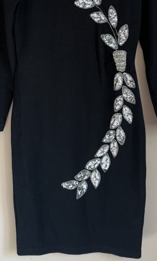 Vintage Dress 1980s Outlander Wool Knit Sheath Silver Sequin Leaves Womens Small