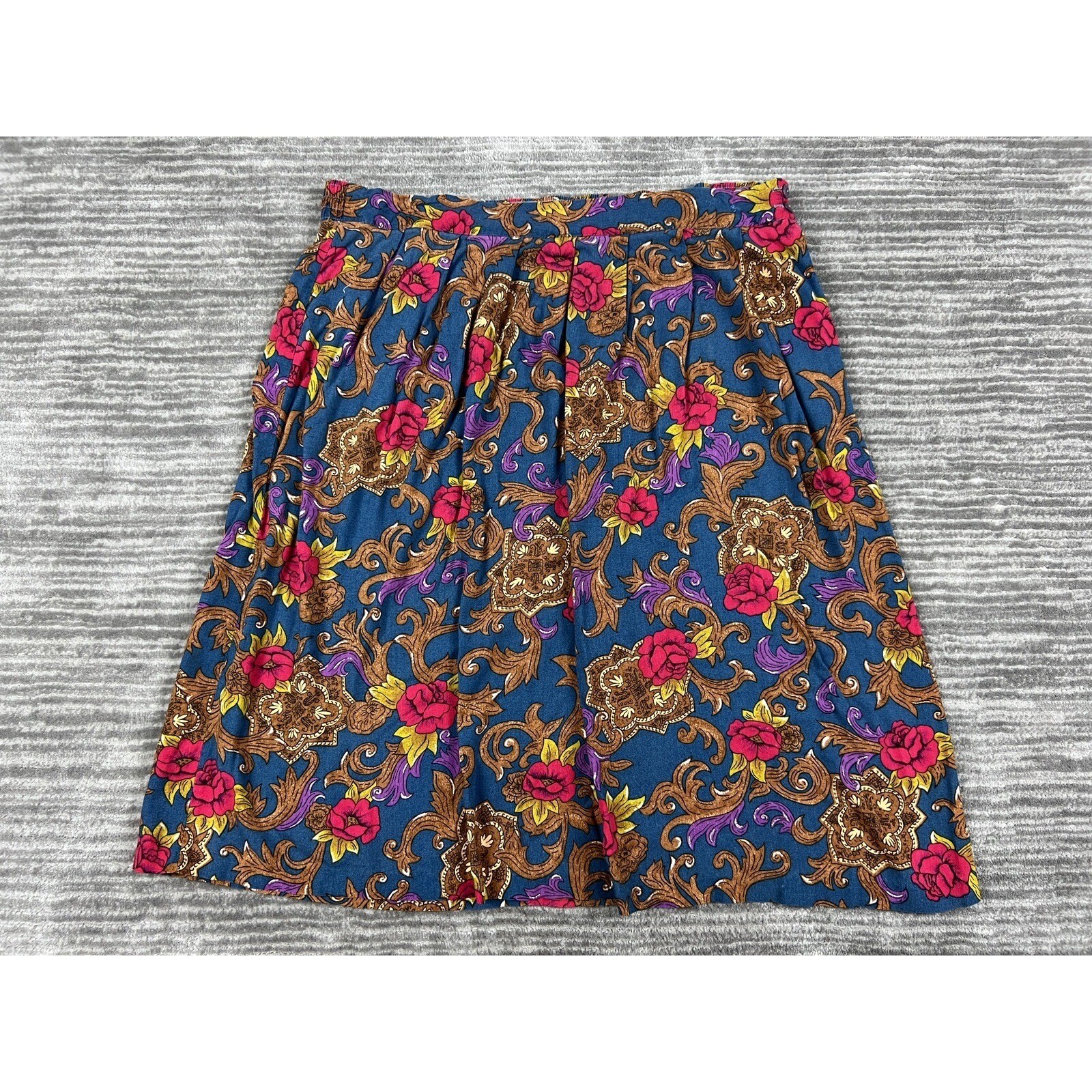 Liz Baker Skirt Womens 12W Blue Pink Floral Baroque Rayon Knee Length Elastic