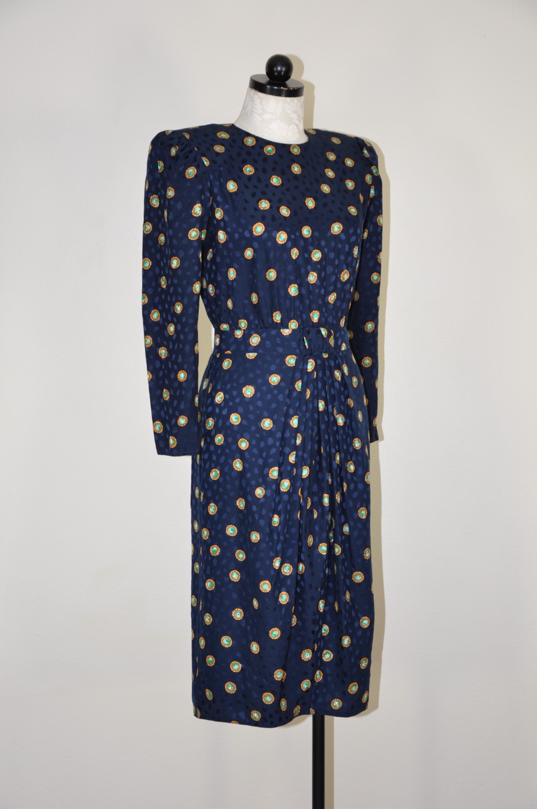 80s Vintage Navy Blue Silk Gemstone Print Puff Sleeve Back Buttons Dress Women S