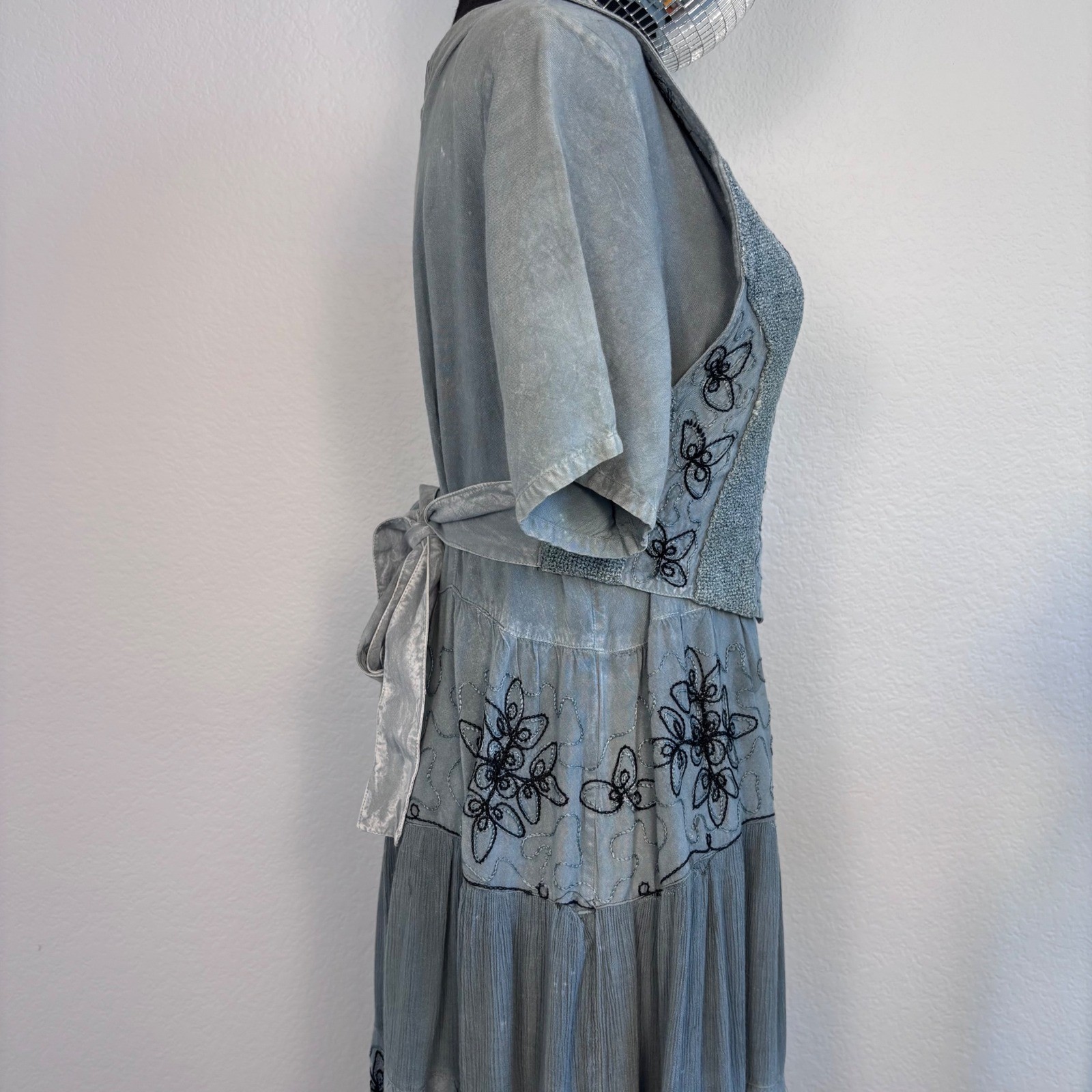 Vintage Cottage Blue Grey Embroidered Tiered Midi Dress, Medium Boho Ren Faire