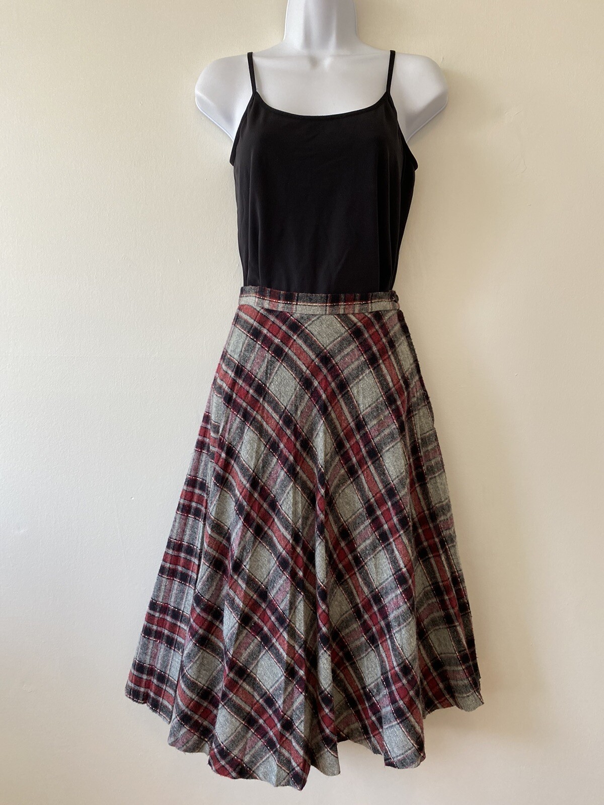 Vintage Mr Beau RL Davis Pleated Midi Skirt Small Gray Red Plaid Lined Academia