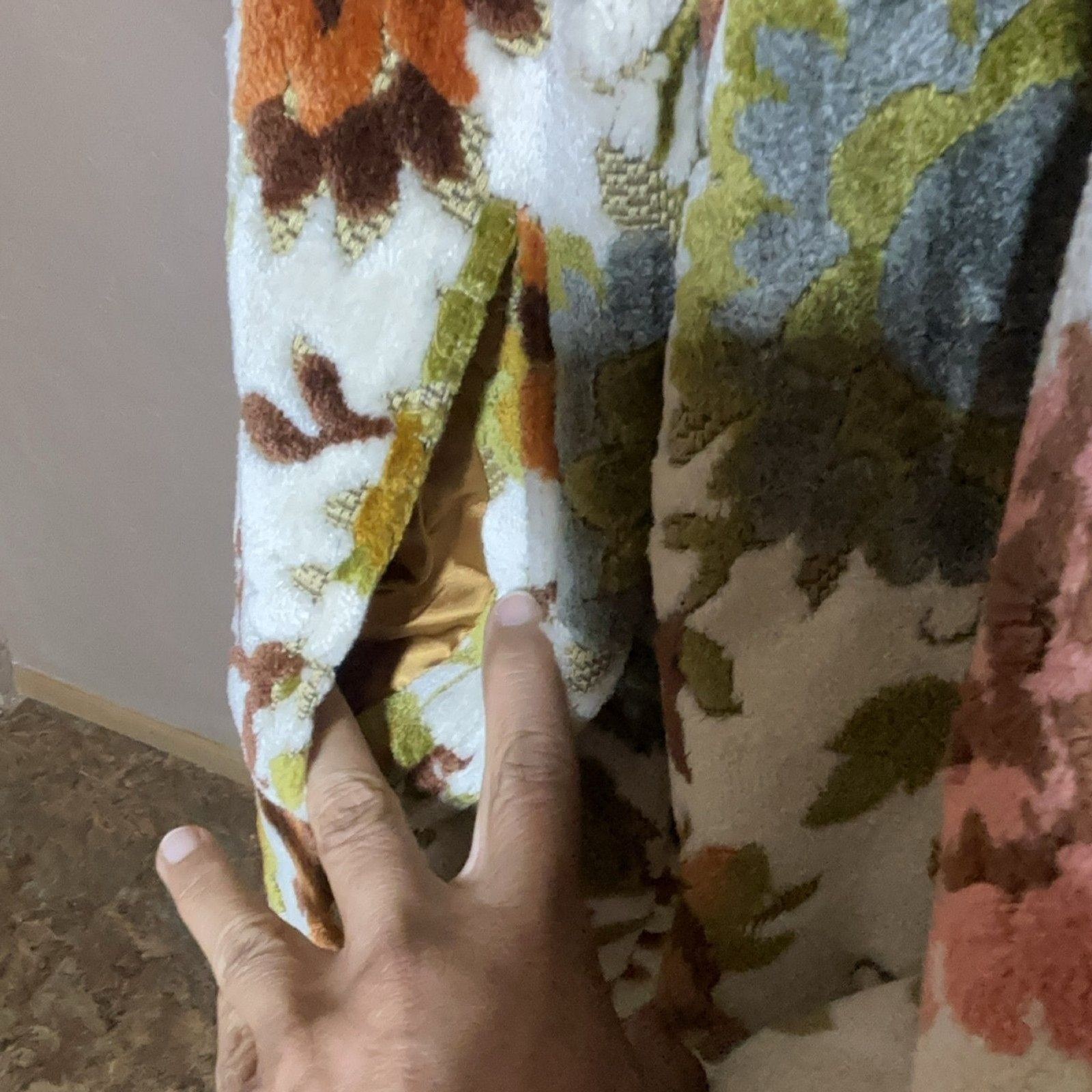 Vintage Floral Chenille Tapestry Coat Cream Olive Green Orange Pink Pockets