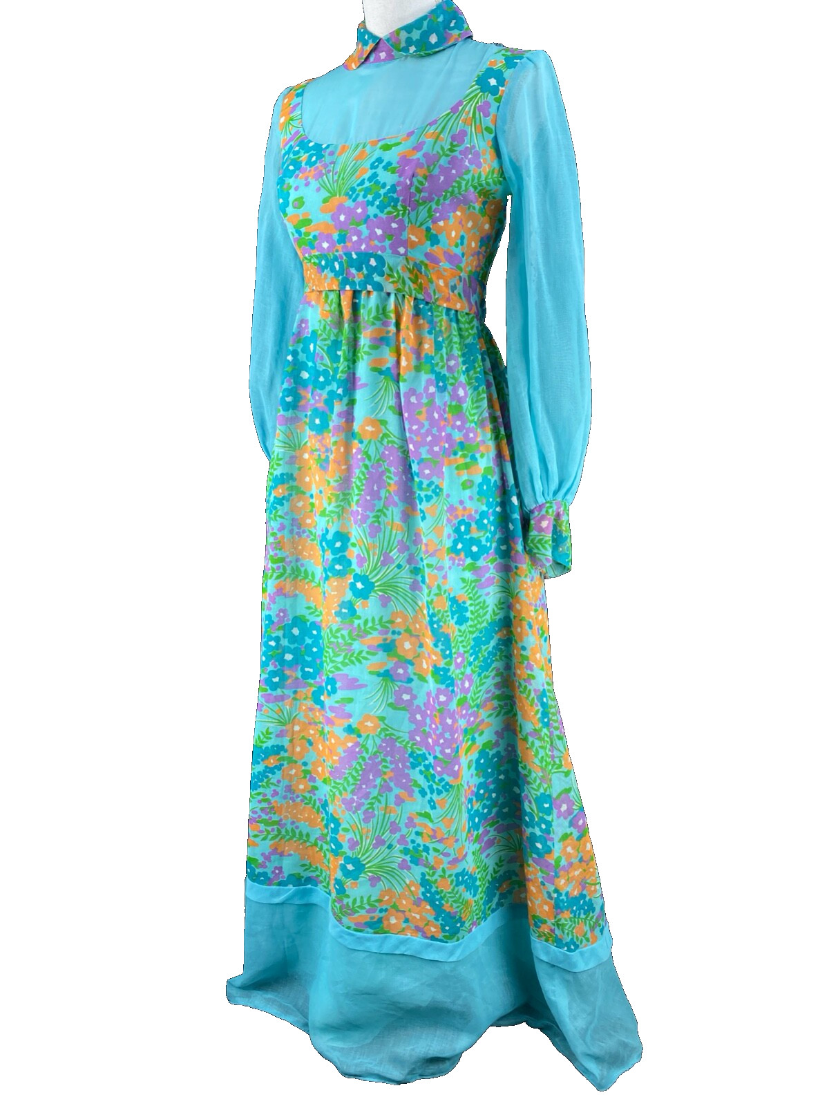 Vtg 60s MOD Maxi Dress XS/S Chiffon Flower Power Psychedelic Hippie Gown Floral