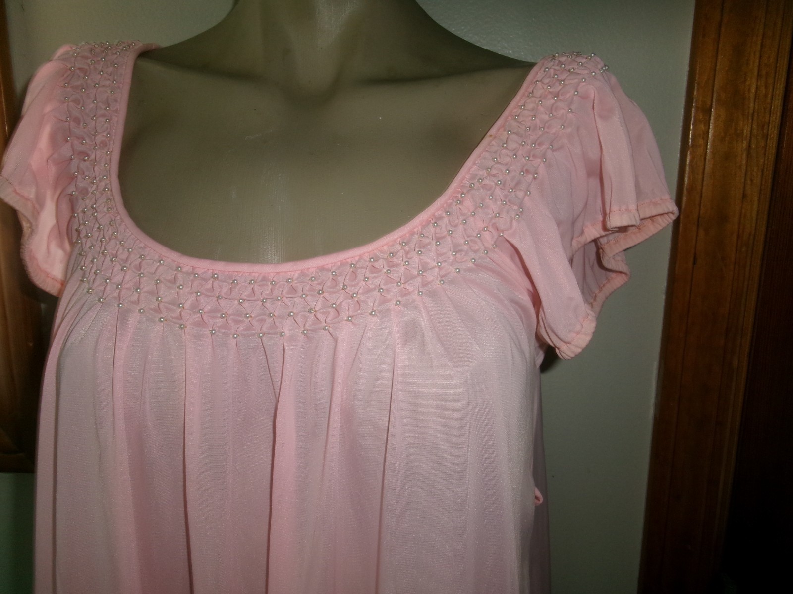 Vintage Eve Stillman Lingerie Nightgown~ Nylon Tiny Pearl Trim Neckline~ Sz Sm