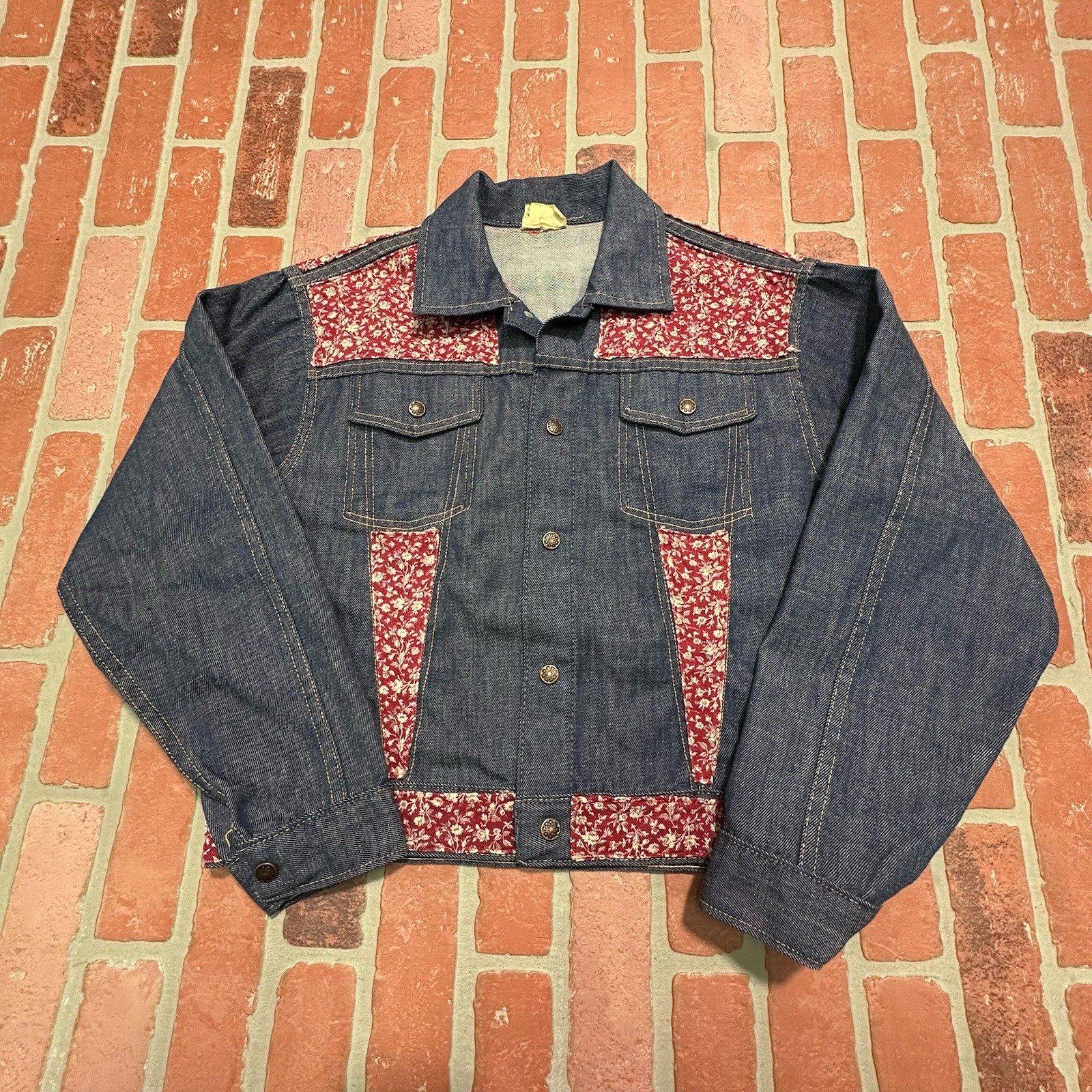VTG DENIM CUSTOM JACKET FLORAL PATTERN INDIGO DARK BLUE WMNS M PATCHWORK H1