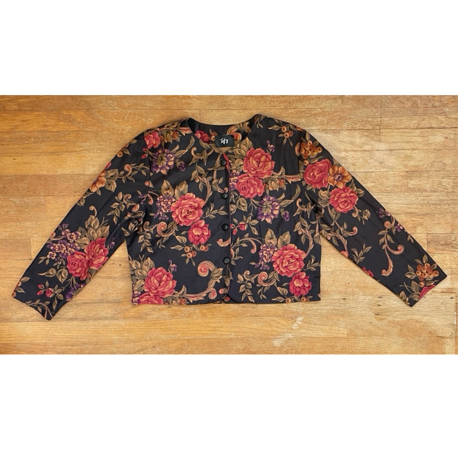 Vintage Floral Cropped Jacket Size Large 70s Toby Microfiber Bolero Lightweight
