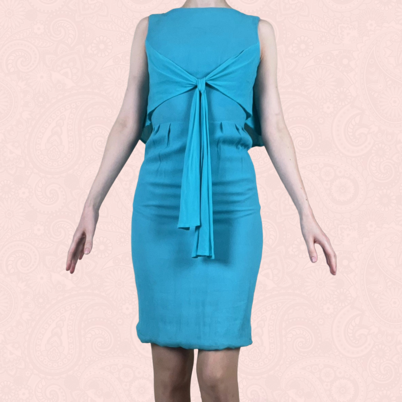 Vintage 50s 60s Anita Modes Couture Turquoise Blue Chiffon Capelet Tie Dress XXS