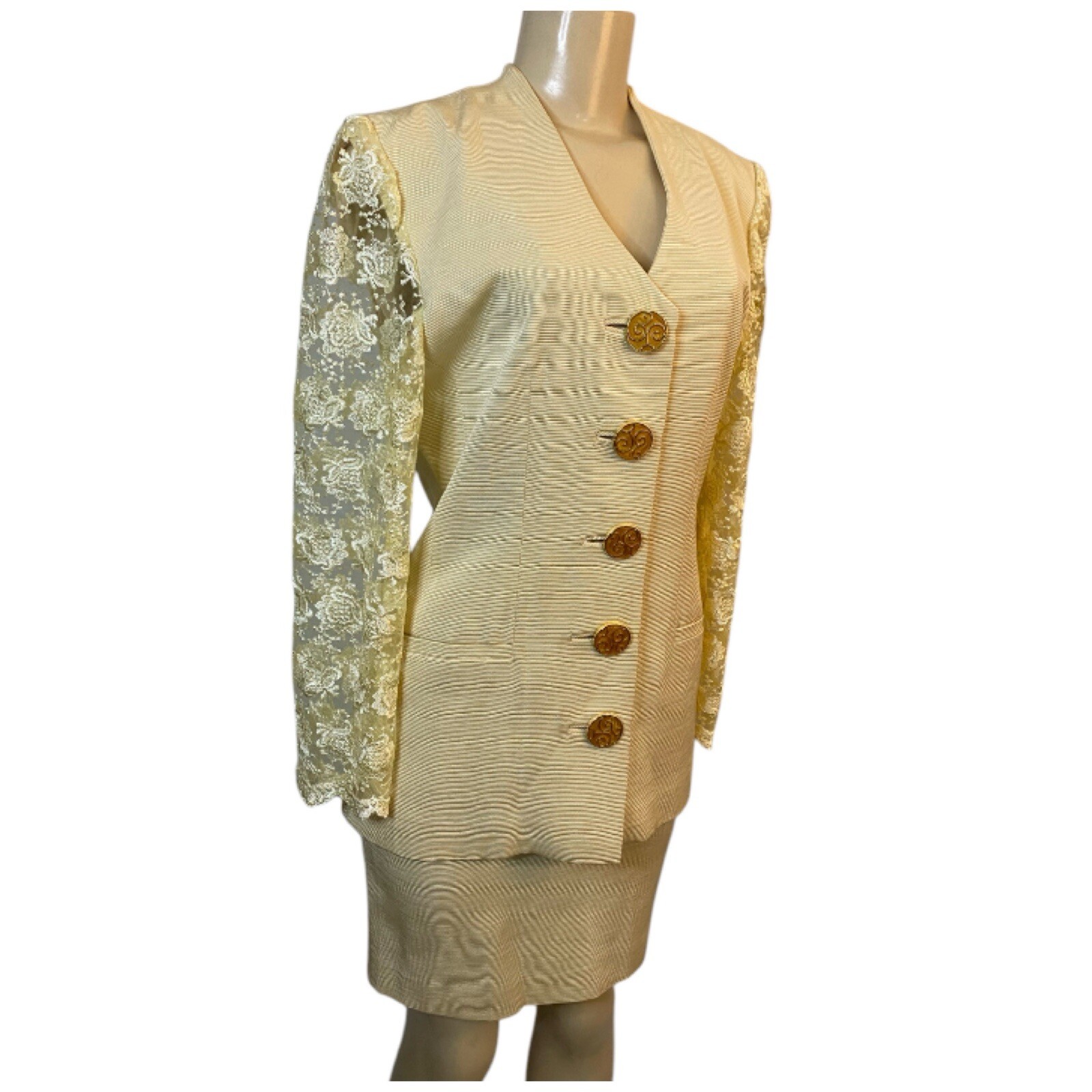 VTG 90s Manlio Mallia Cream Gold Skirt Set Lace Silk Ribbed Luxury Italian Sz6/8