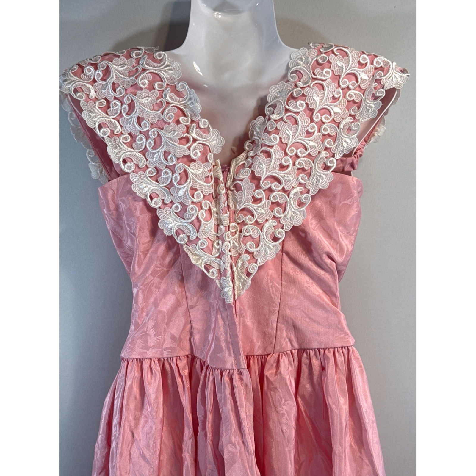 Vintage Alfred Angelo Floral Jacquard Midi Dress Lace Trim Basque Waist 80s XS