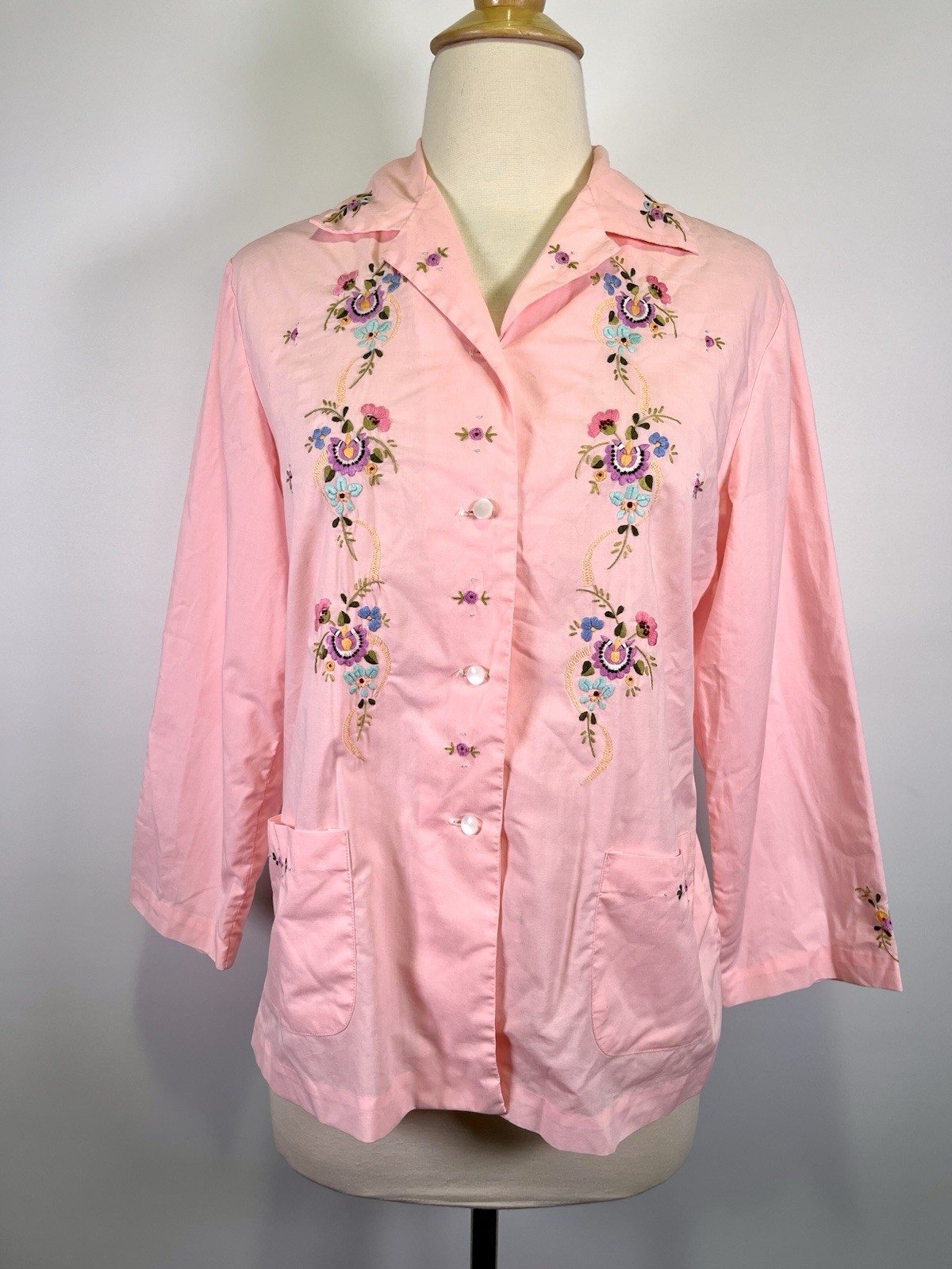 VTG 70s Embroidered Cottagecore Pink Floral Button Front Top Med Boho Coquette