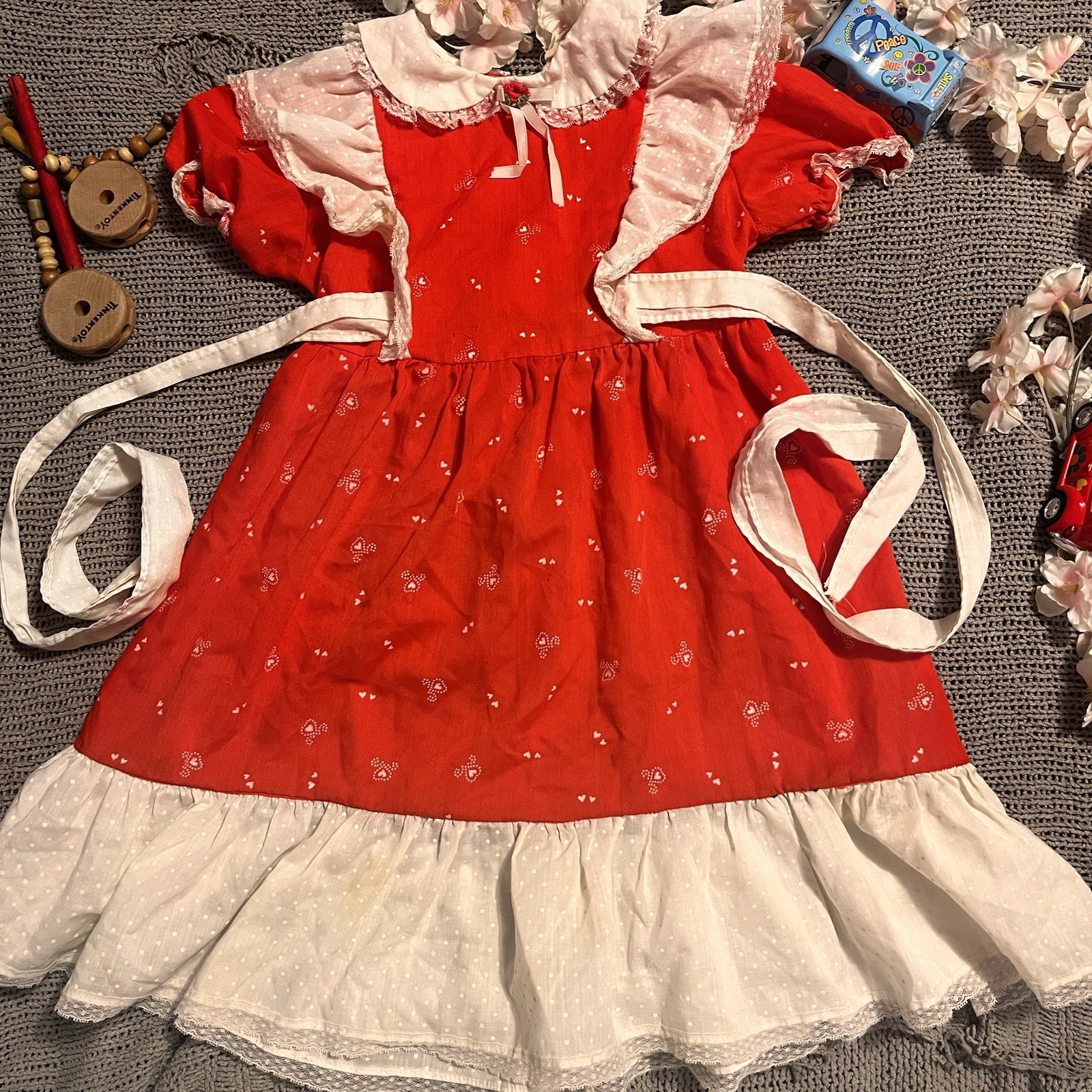 VTG Cottagecore Red Party Dresses Sizes 5/6 Praire Floral Lace Photo Ready Dress