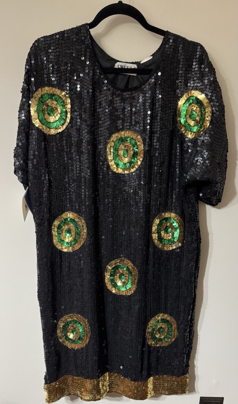 Vintage 1980s Swee Lo Silk Sequence Black Dot ⚫️Green Gold Shift Dress L-XL