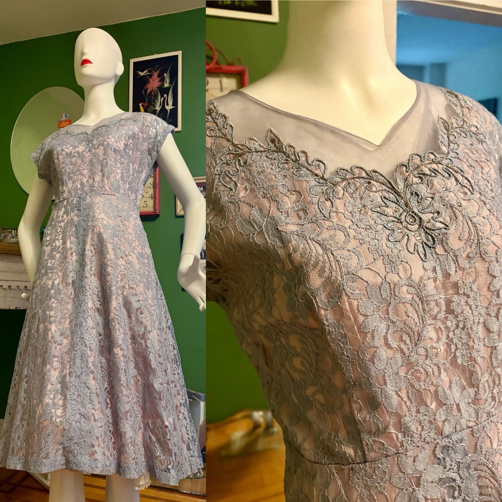 Vtg 1940s 1950s Taffeta Lace Netting Rhinestone Ice Blue Party Dress L XL 42